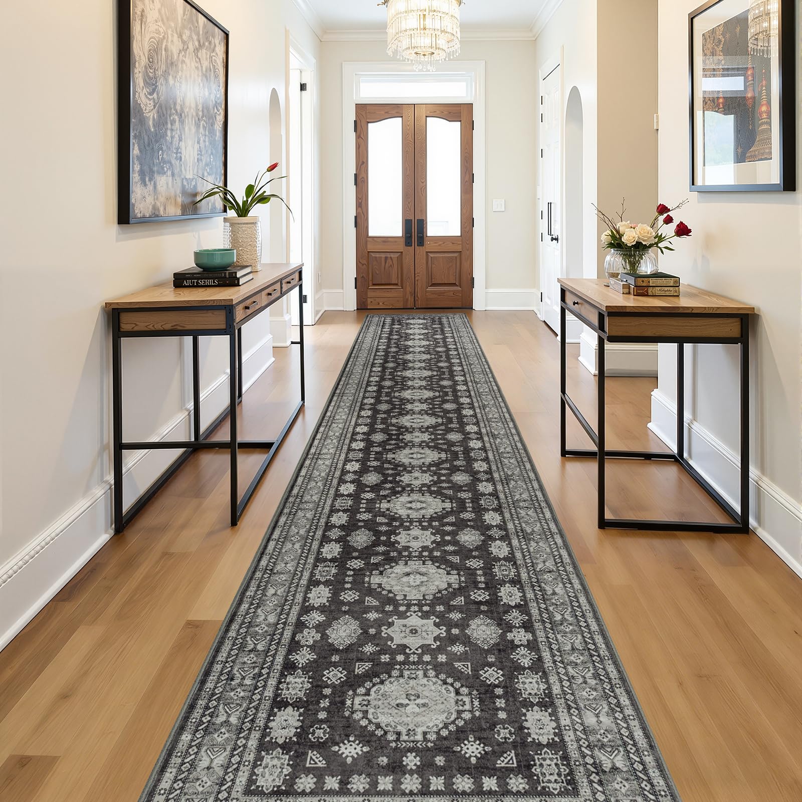 Photo 1 of Nestiva Washable 2x12 Long Hallway Runner Rug, Boho Vintage Floral Rug Non-Slip Low-Pile Indoor Floor Carpet for Bedroom Bedside, Entrance, Corridor, Living Room, Laundry Room, Brown