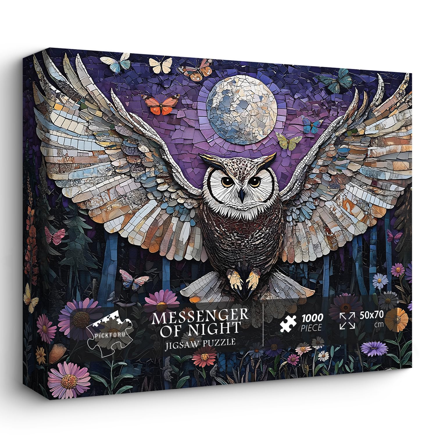 Mosaic Owl Puzzles for Adults 1000 Pieces, PICKFORU Wildflower Plant Forest Bird Puzzle, Impossible Unique Night Moon Flower Theme as Wall Decor