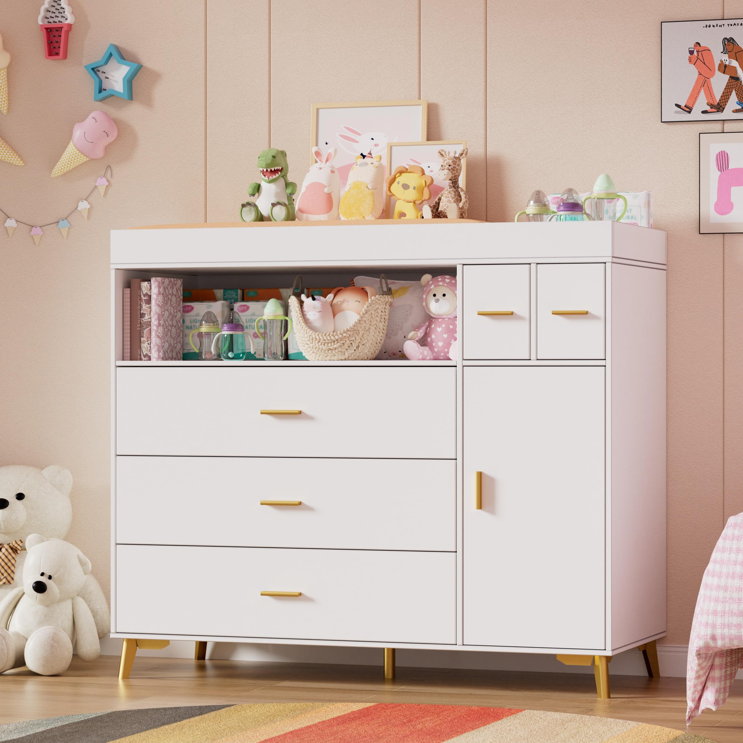 PAKASEPT Changing Table with Drawers, Nursery Furniture, Baby Furniture Dresser with 5 Drawer & Cabinet