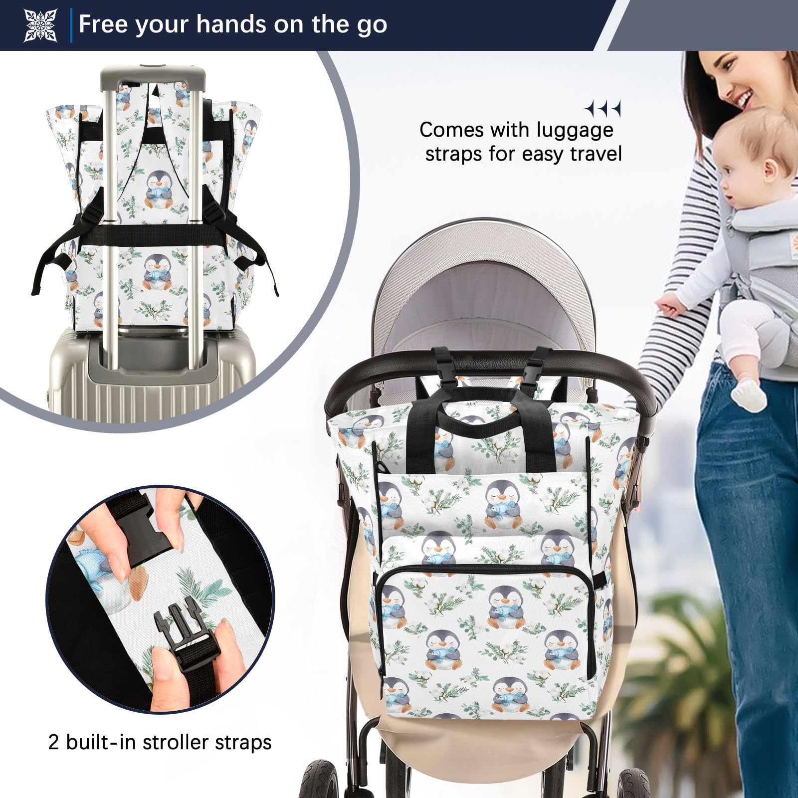 Mnsruu Sac à dos à langer imperméable avec motif de pingouin tenant un poisson pour les mamans et les papas