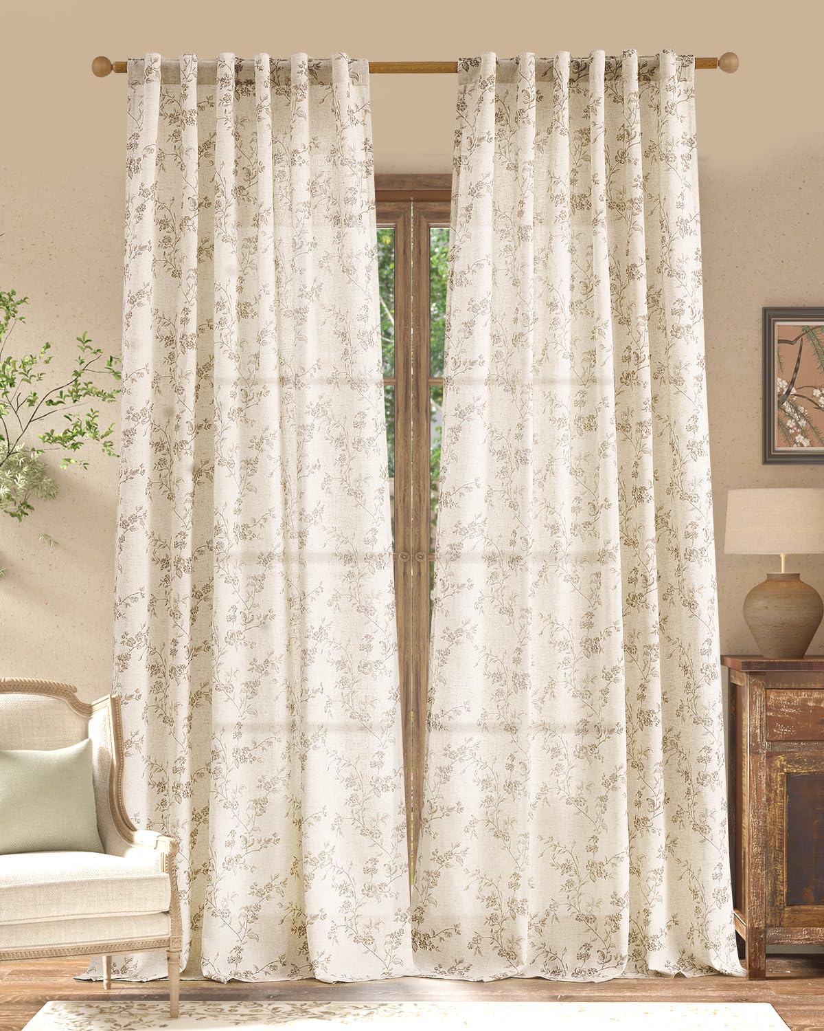 jinchan Taupe Floral Linen Curtains