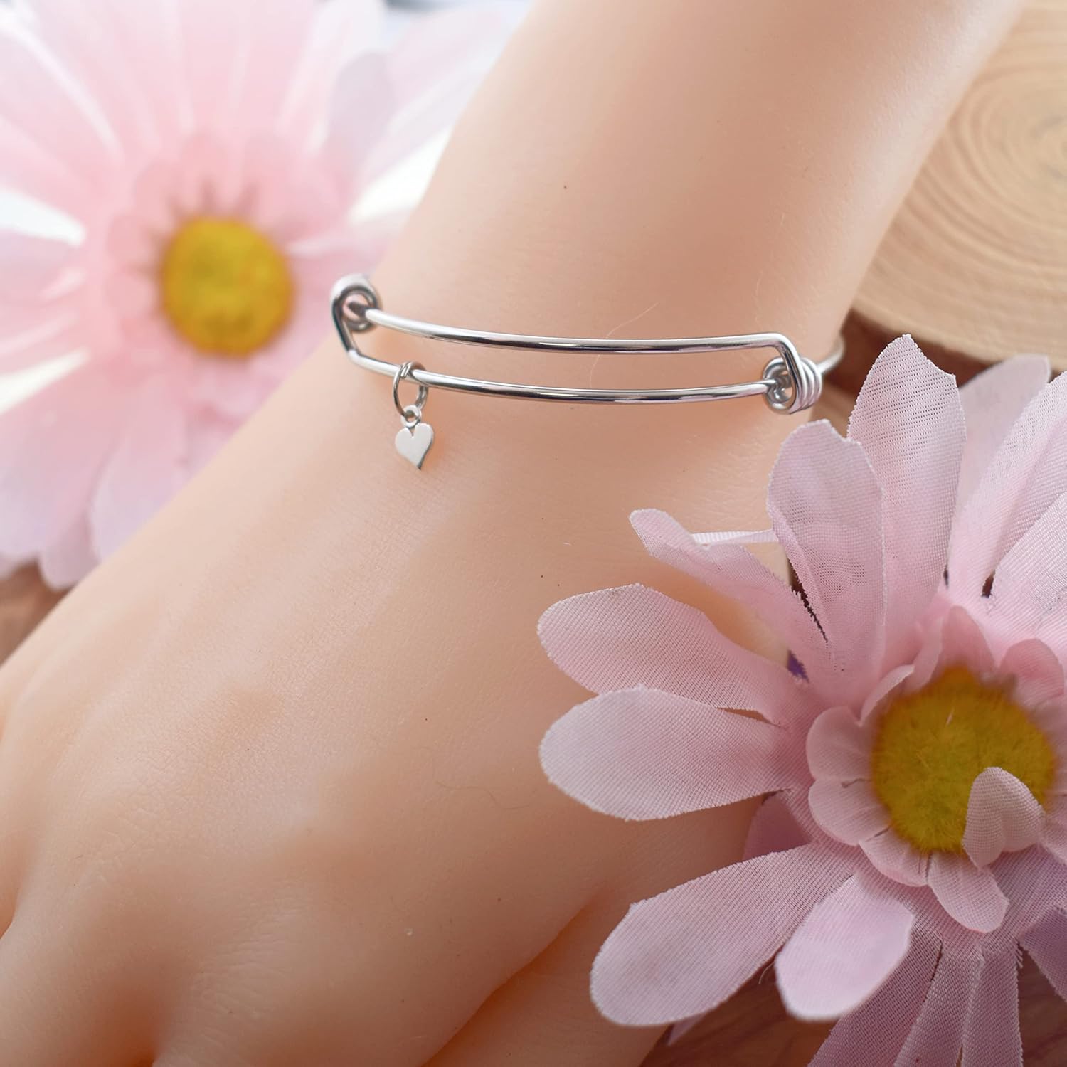 Mother and Two Daughter Bangle Bracelets in Stainless Steel with Sterling Silver Hearts | Mother and Daughter Sets | Mothers Day Gifts