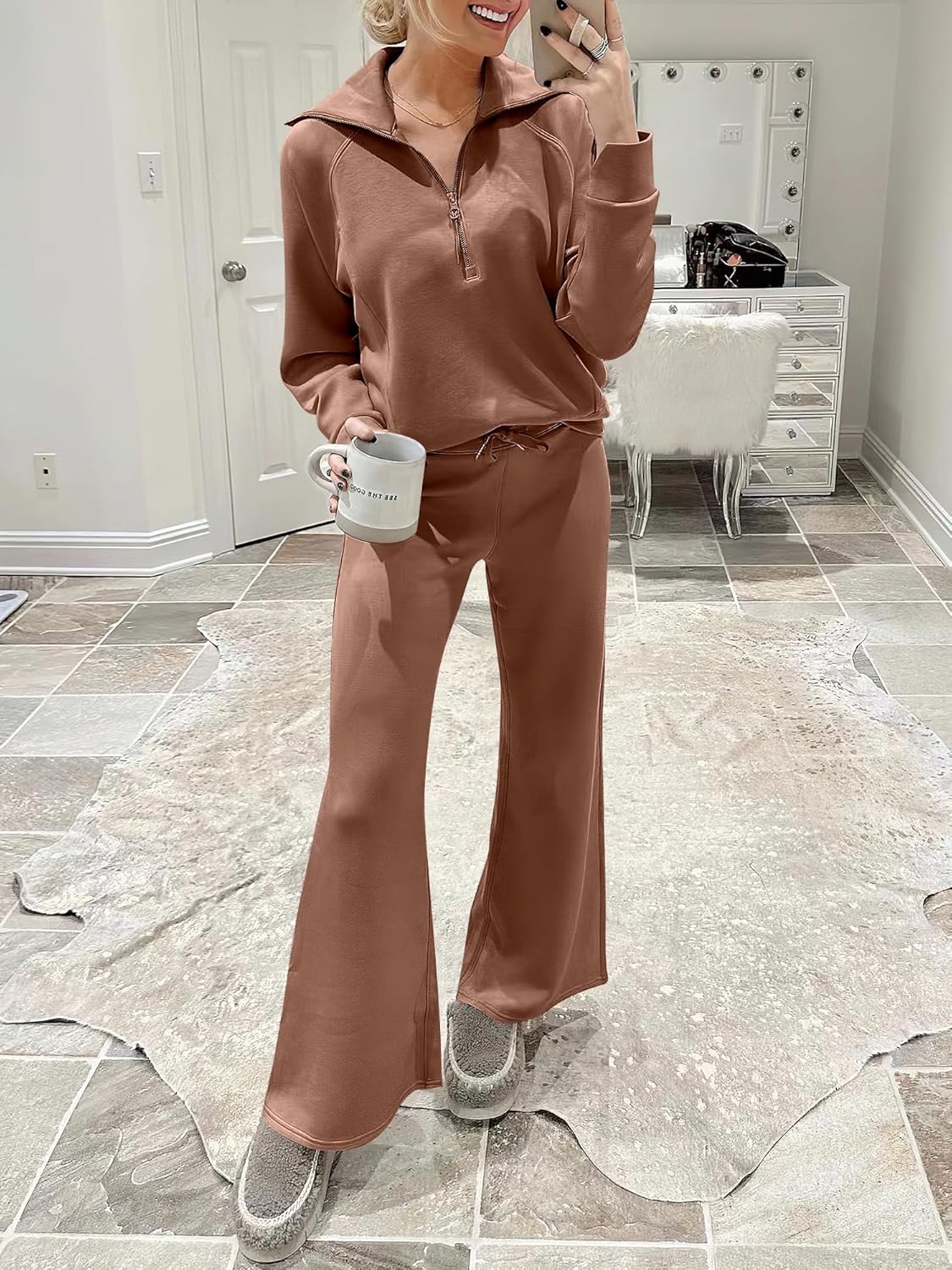 ANRABESS Women 2 Piece Outfits 2025 Fall Fashion Airport Wide Leg Pants Lounge Set Leisure Travel Vacation Clothes Sweatsuits - Image 9