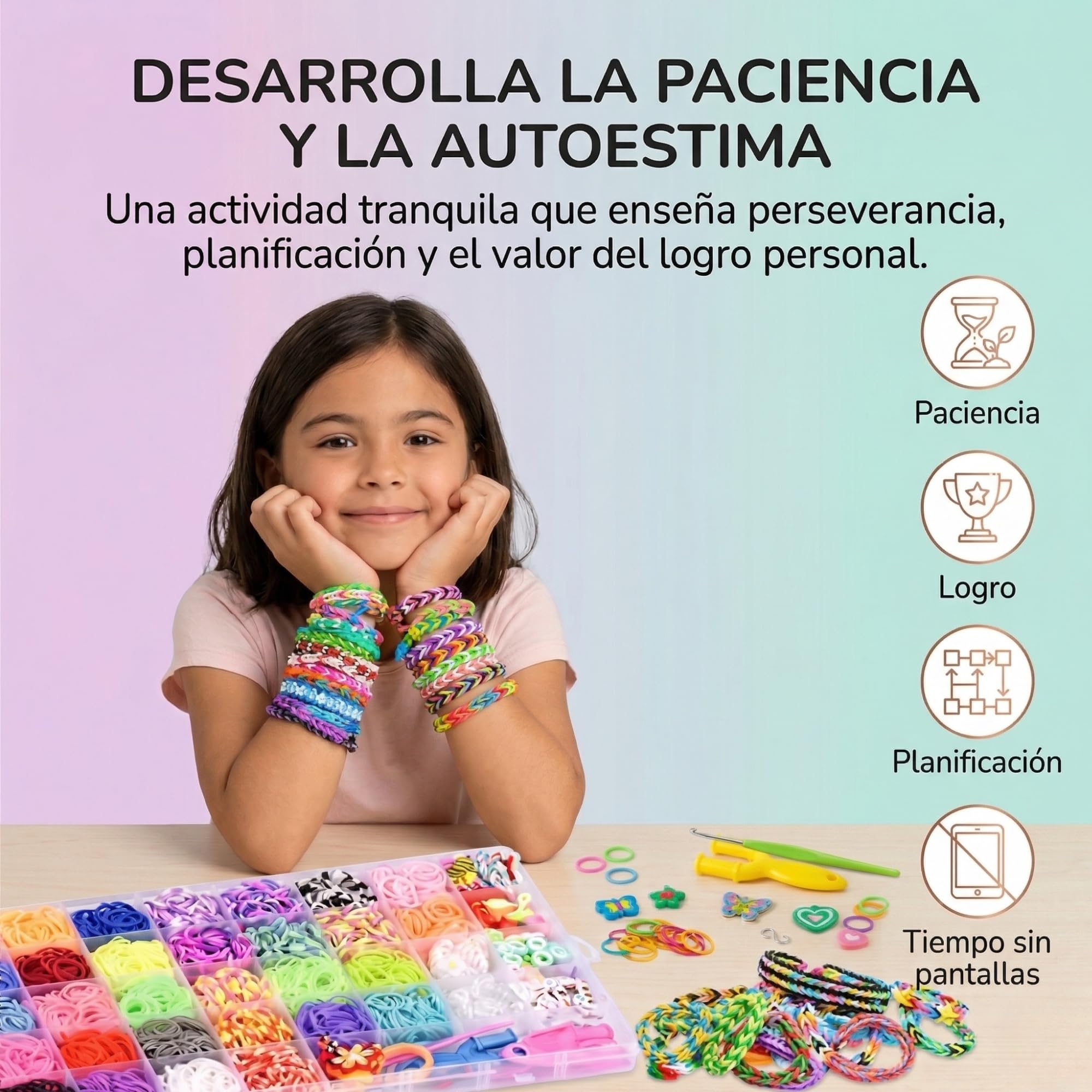 Kit gomas para hacer pulseras de 2000 piezas | Kit pulseras de 24 colores ideal para niña con abalorios y herramientas | Set creativo con cuentas para hacer pulseras, manualidades y regalo original — view 7