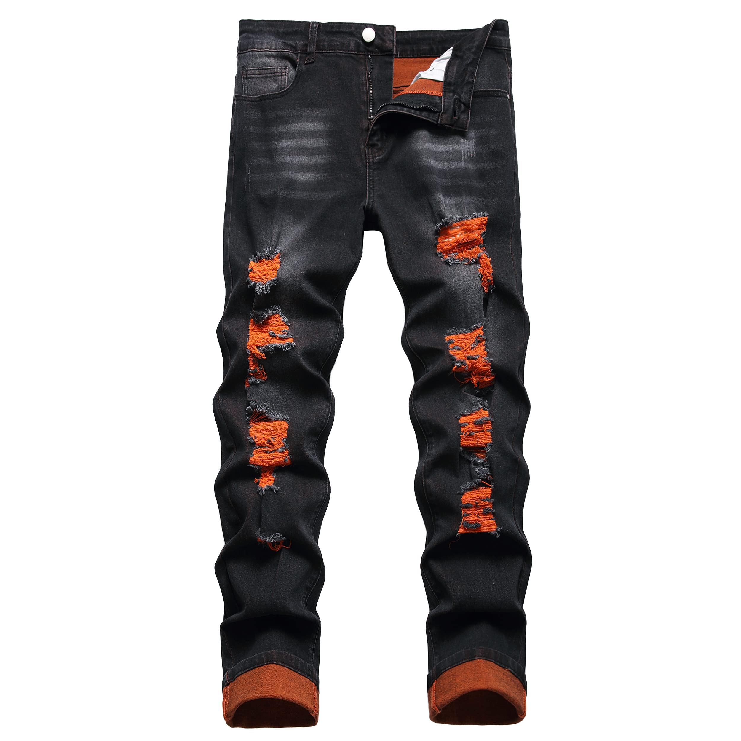 Mens Slim-fit Stretch Denim Jeans Featuring a Ripped Stretch Regular Pants