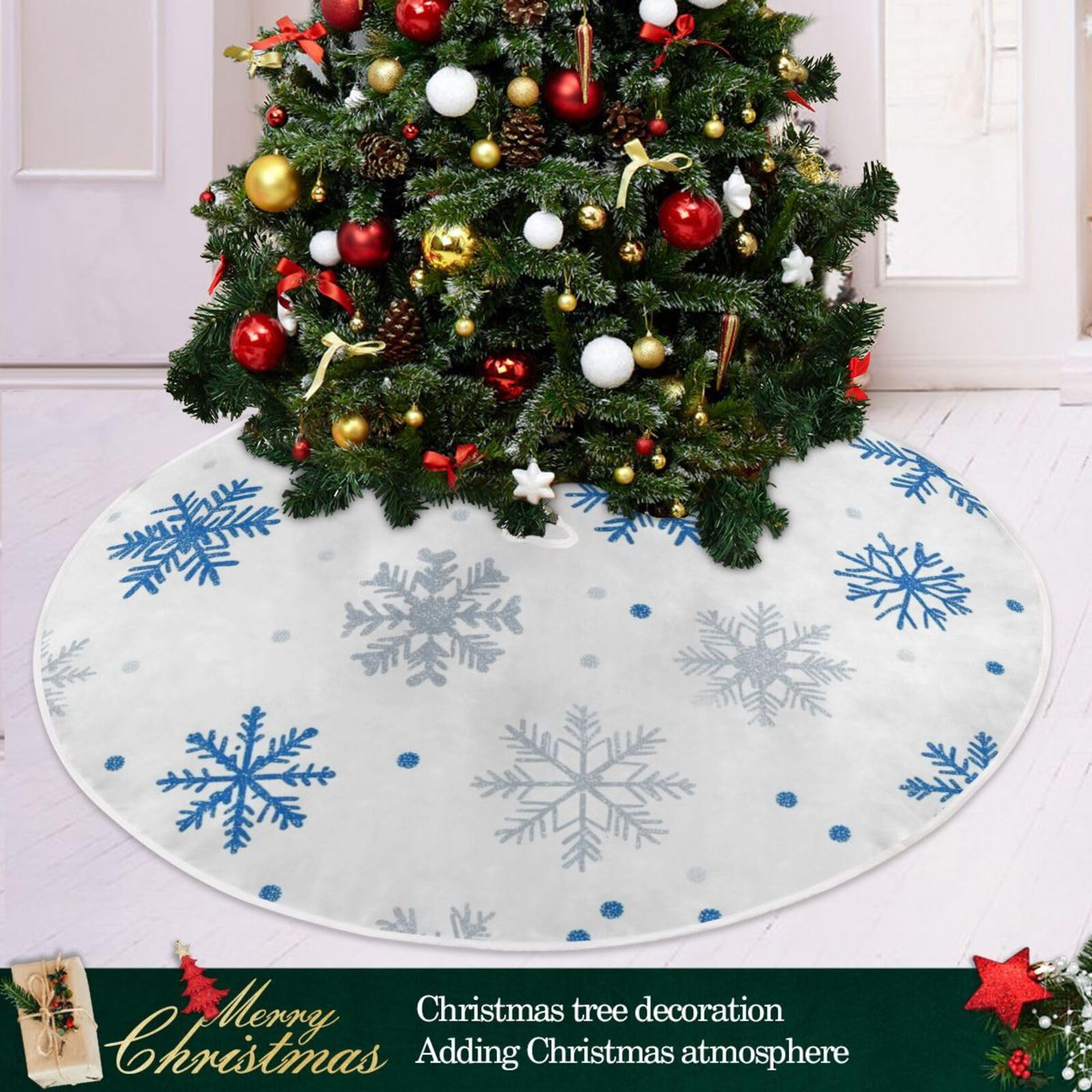 Christmas Tree Skirt Blue Snowflakes Silver Glitter Pattern Xmas Tree Ornaments Christmas Tree Mat for Decorations Holiday Party 120cm - Image 2