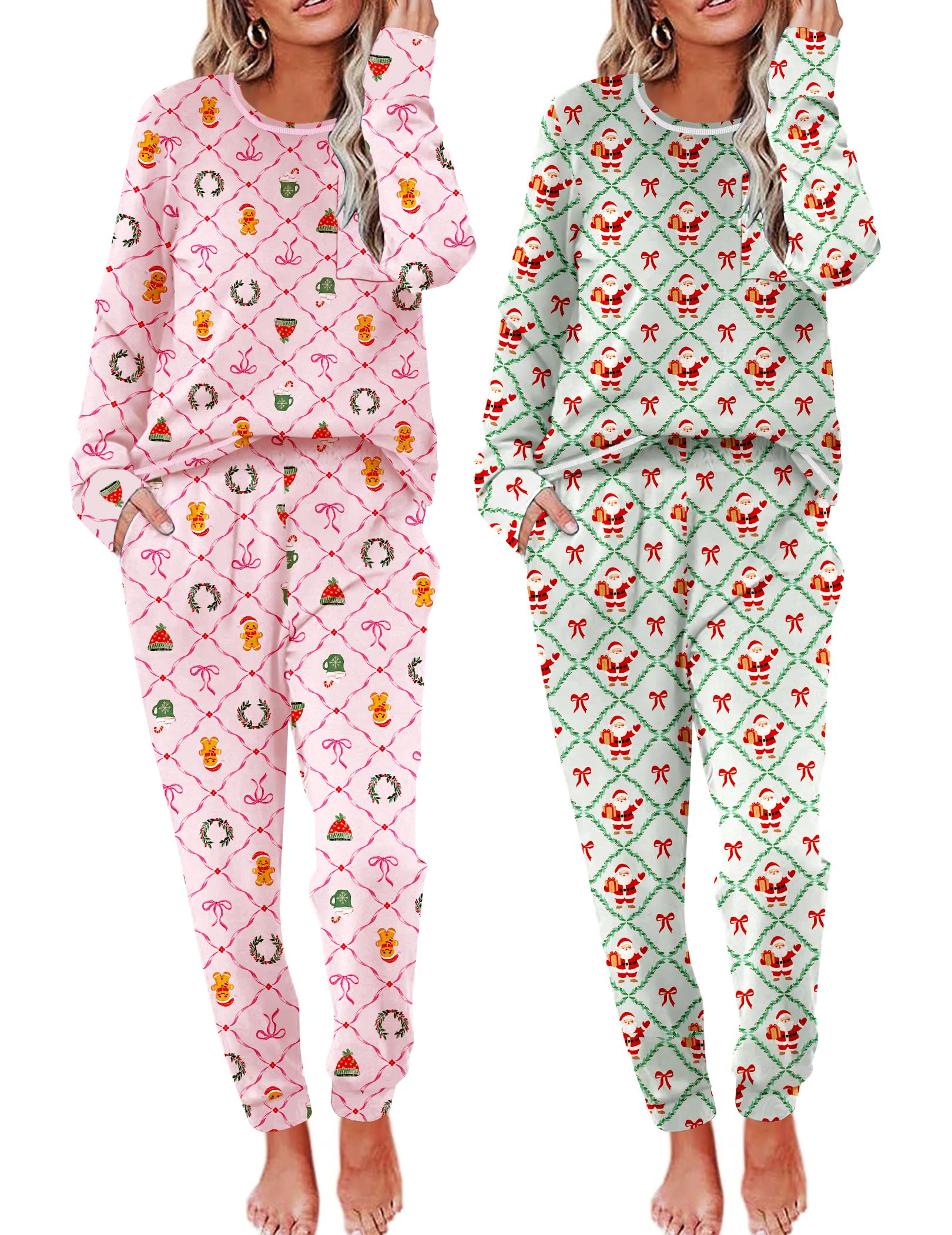 Ekouaer 2 Pack Womens Pajama Sets Long Sleeve Lounge Sets Soft Pj Loungewear Sleepwear
