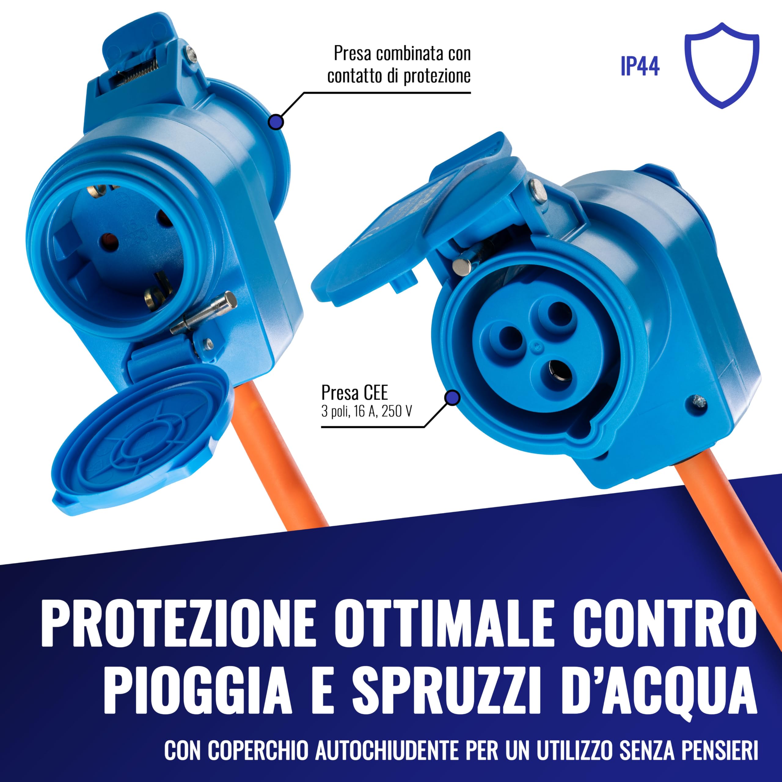 Poppstar Cavo di prolunga CEE da campeggio 25 m con Schuko (spina CEE 3 poli su presa CEE + presa di protezione tipo F), 230V/16A, IP44, H07RN-F 3G2.5