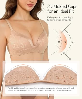 Wireless Push Up Bras for Women No Underwire Deep V Lace Bralettes with Support and Lift Comfortable Bra 3D Molded Beige