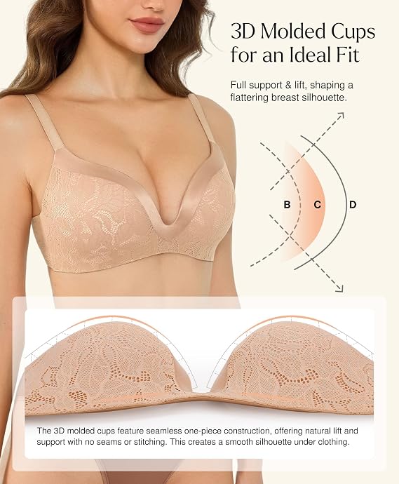 Wireless Push Up Bras for Women No Underwire Deep V Lace Bralettes with Support and Lift Comfortable Bra 3D Molded Beige