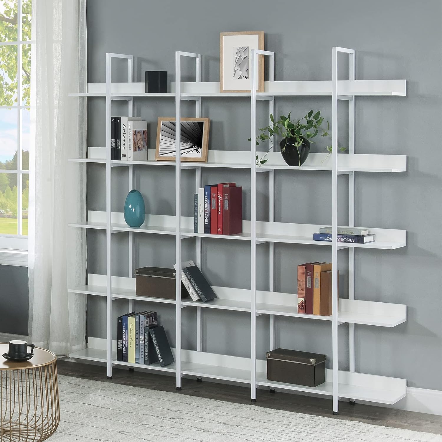 KIVENJAJA Triple Wide 5-Tier Bookshelf, Industrial Display Bookcase with Metal Frame, Tall Open Storage Book Shelves for Bedroom, Living Room, Home Office (White)