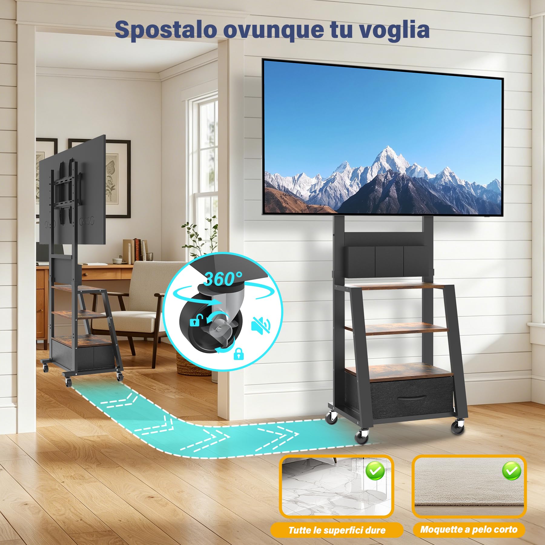 Mobile porta TV con ruote, cassetto e 3 ripiani per TV piatti/curvi da 23"-60", mas 72 kg, per LCD/LED/OLED. Carrello mobile con altezza regolabile per casa, ufficio e esterni, VESA mas 400x400mm