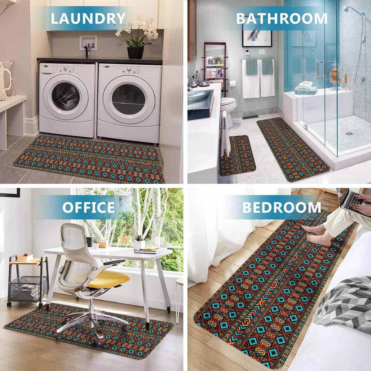 Prime Leader Bohemian Ethnic Kitchen Mat Set 2 Pieces Grid Southwestern Stripes Diamonds Tribal Non Slip Kitchen Rugs Washable Runner Rug Mats for Sink Laundry (23.6" x 35.4"+23.6" x 70.9")