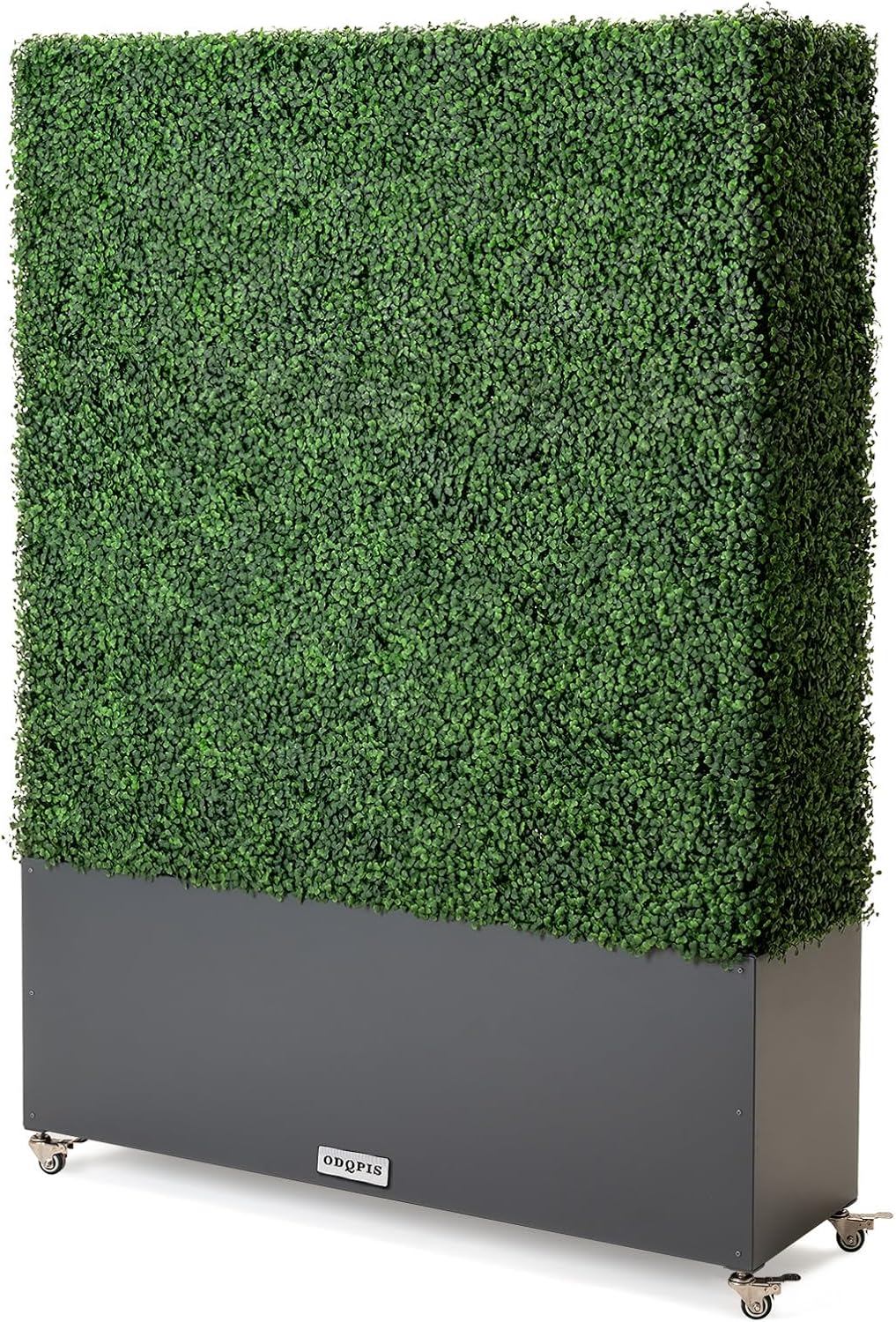 Artificial Boxwood Hedge Wall with Dark Grey Planter Box and Wheels, Greenery Fake Faux Grass Panels Backdrop Divider 48" WX81 HX14 D