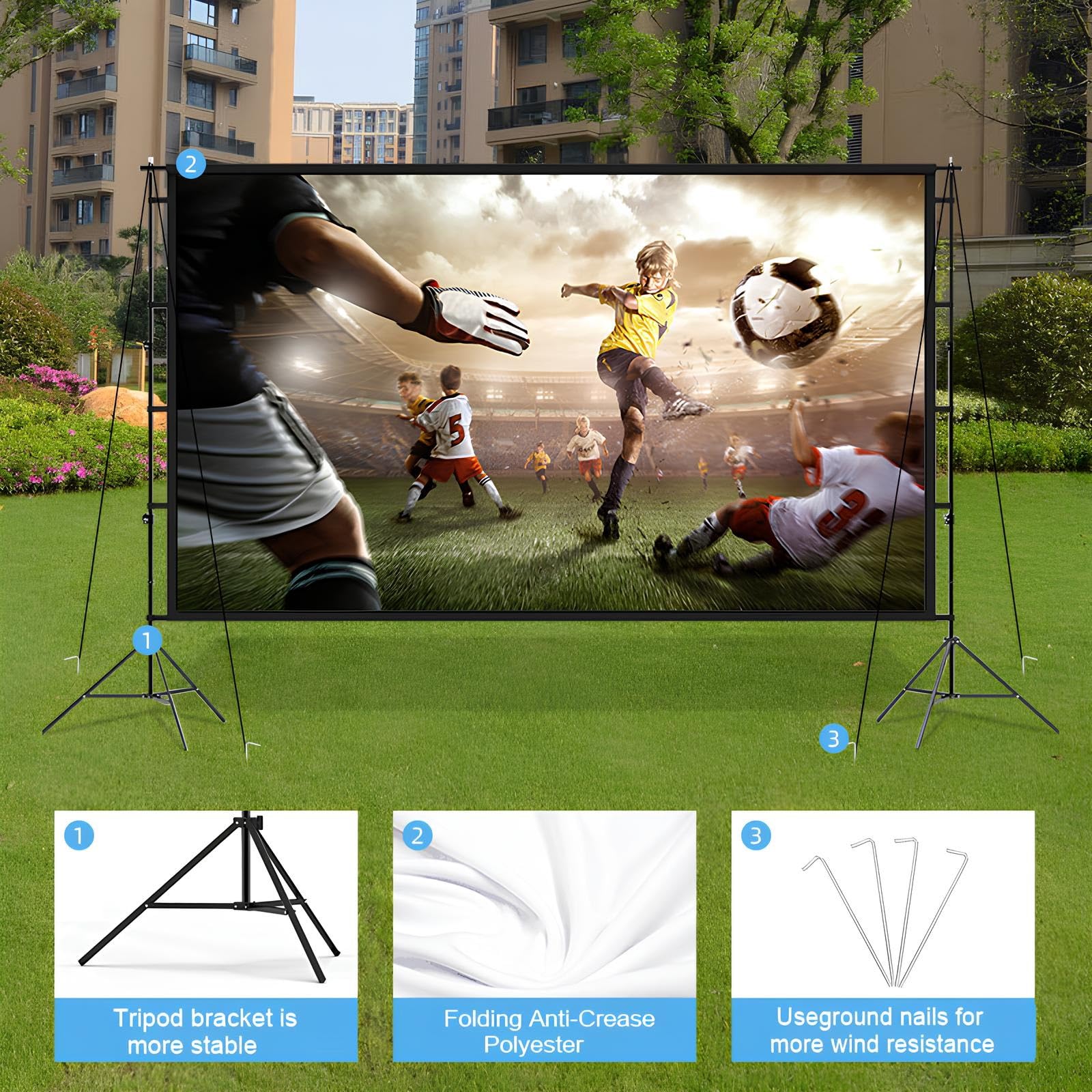 Portatile Schermo Proiettore con Treppiede 84-180 Pollici, 16:9 HD Telo Proiettore con Borsa per Interni ed Esterni, Home Cinema, Giardino(150inch(16:9))