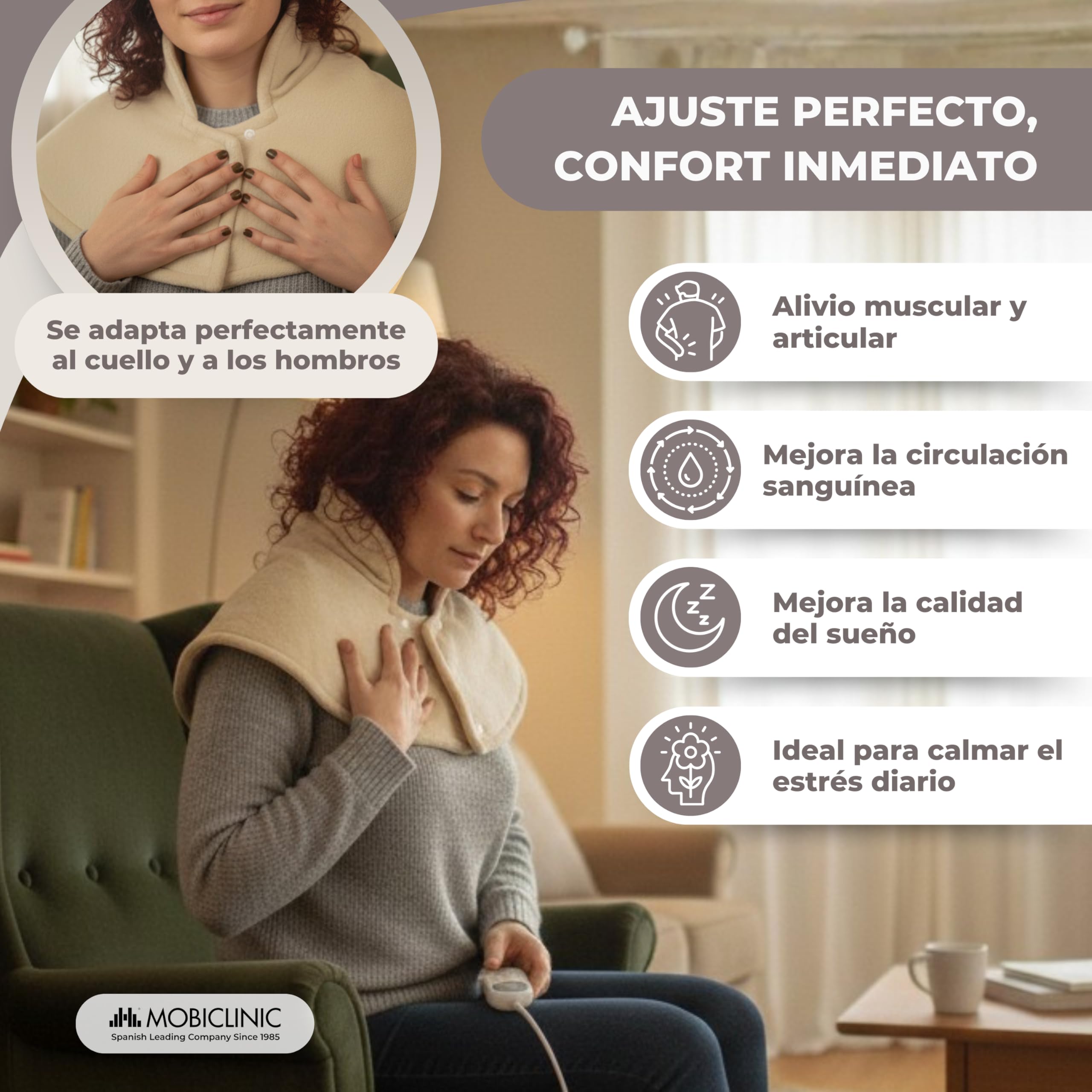 Mobiclinic, Almohadilla cervical, Eléctrica, 3 rangos de temperatura, Apagado automático, Muy bajo consumo, 100w, Marca española, Protección por sobrecalentamiento, Lavable, Para cuello, 62x60cm