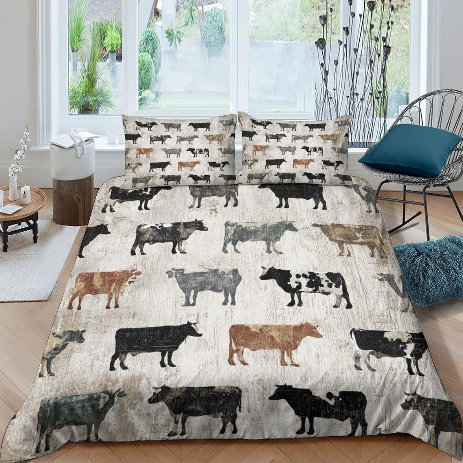Ctjqhvkz Style-7 3D Printed Vintage Cow Pattern Fitted Sheet Microfiber Soft Non-Slip Rustic Farmhouse Bed Cover Mattress Decor Single（135X200cm）