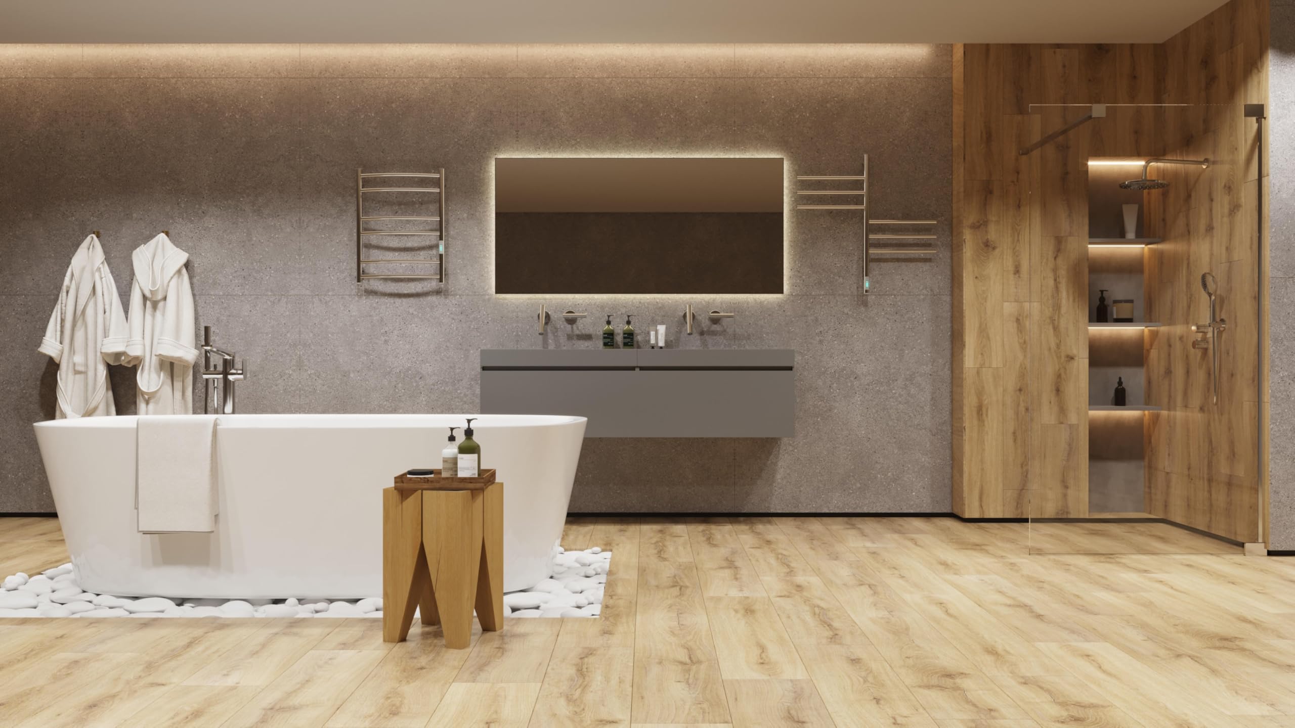 Elegancki grzejnik na ręczniki ze stali nierdzewnej 304 – elektryczny, 625 x 480 mm, 84 W, z termostatem i timerem – designerski grzejnik do łazienki – montaż na ścianie – IP44