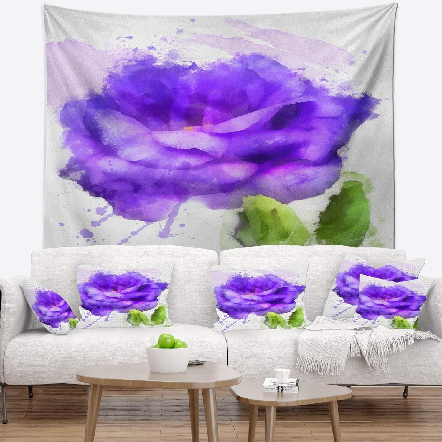 Designart ' Blue Rose Flower with Paint Splashes' Floral Tapestry Blanket Décor Wall Art for Home and Office, Created On Lightweight Polyester Fabric Medium: 32 in. x 39 in