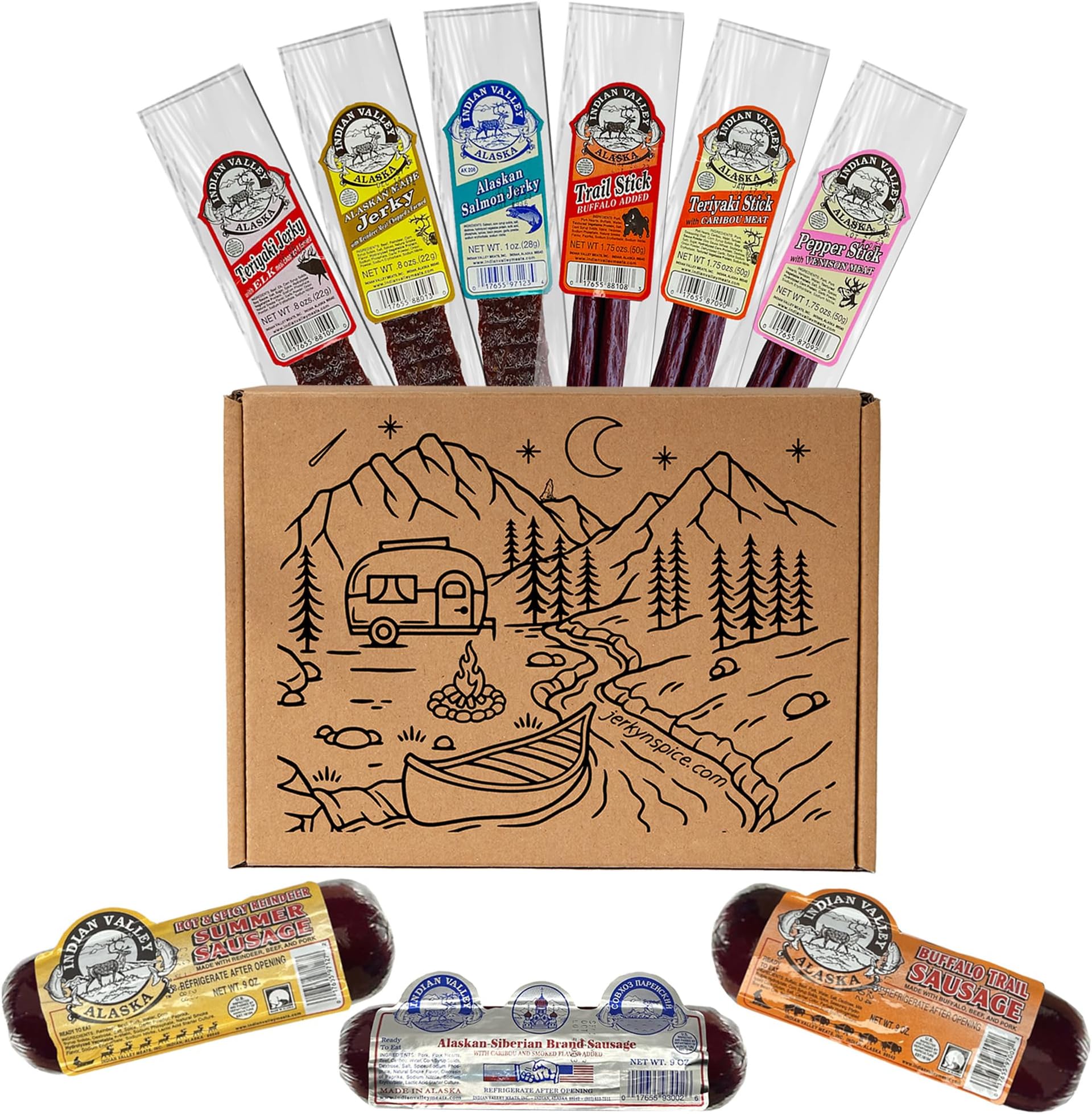 Indian Valley Meats Alaskan Meat Gift Box | Contains Elk, Smoked Salmon Jerky, Reindeer Sausage from Alaska, & Premium Blends of Venison Sausage, Buffalo Meat | Healthy Protein Snacks for Men