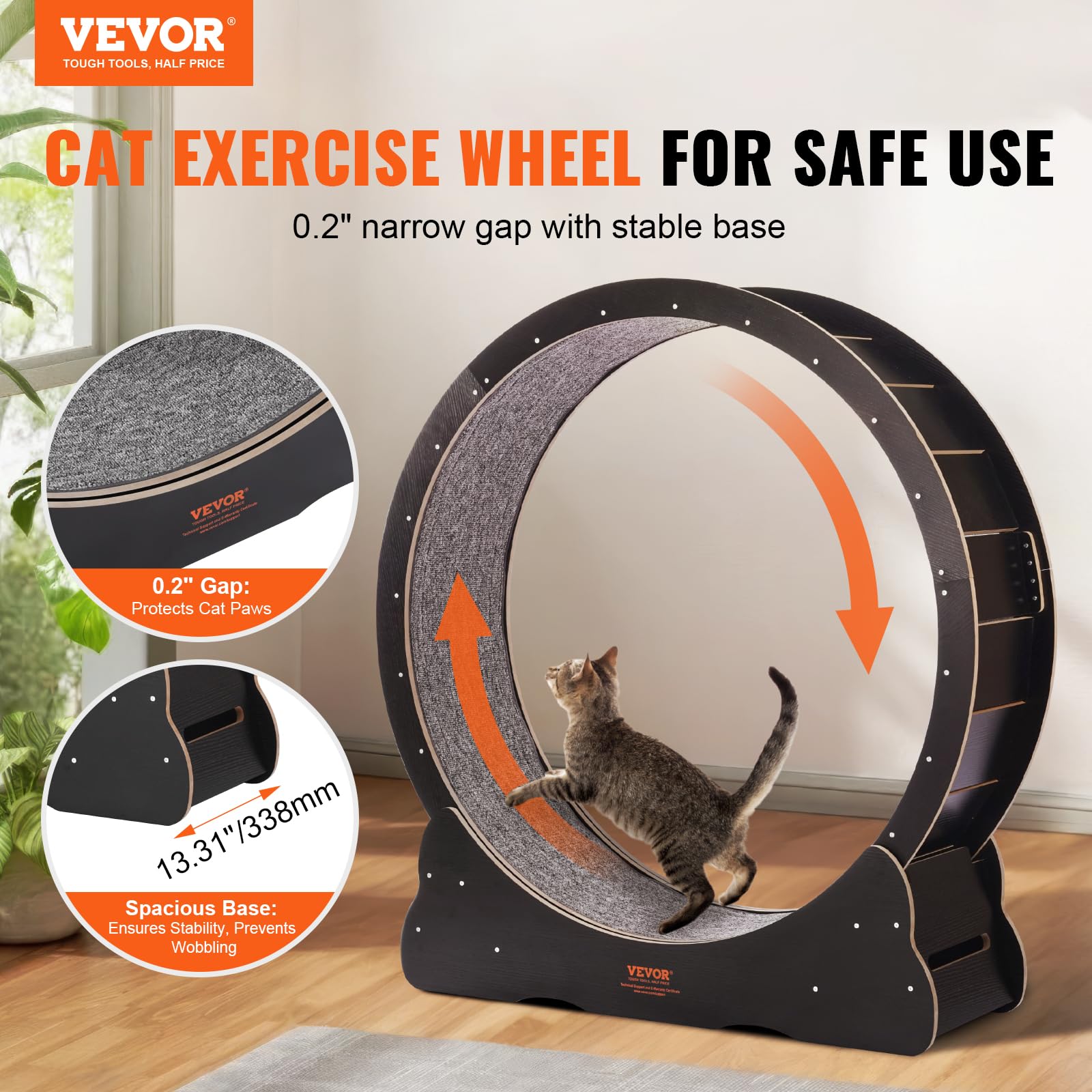 VEVOR Wooden Cat Exercise Wheel, 43.3" Large Cat Treadmill Wheel for Indoor Cats, Cat Running Wheel with Detachable Carpet & Cat Teaser for Running/Walking/Training, Suitable for Most Cats Black view 2
