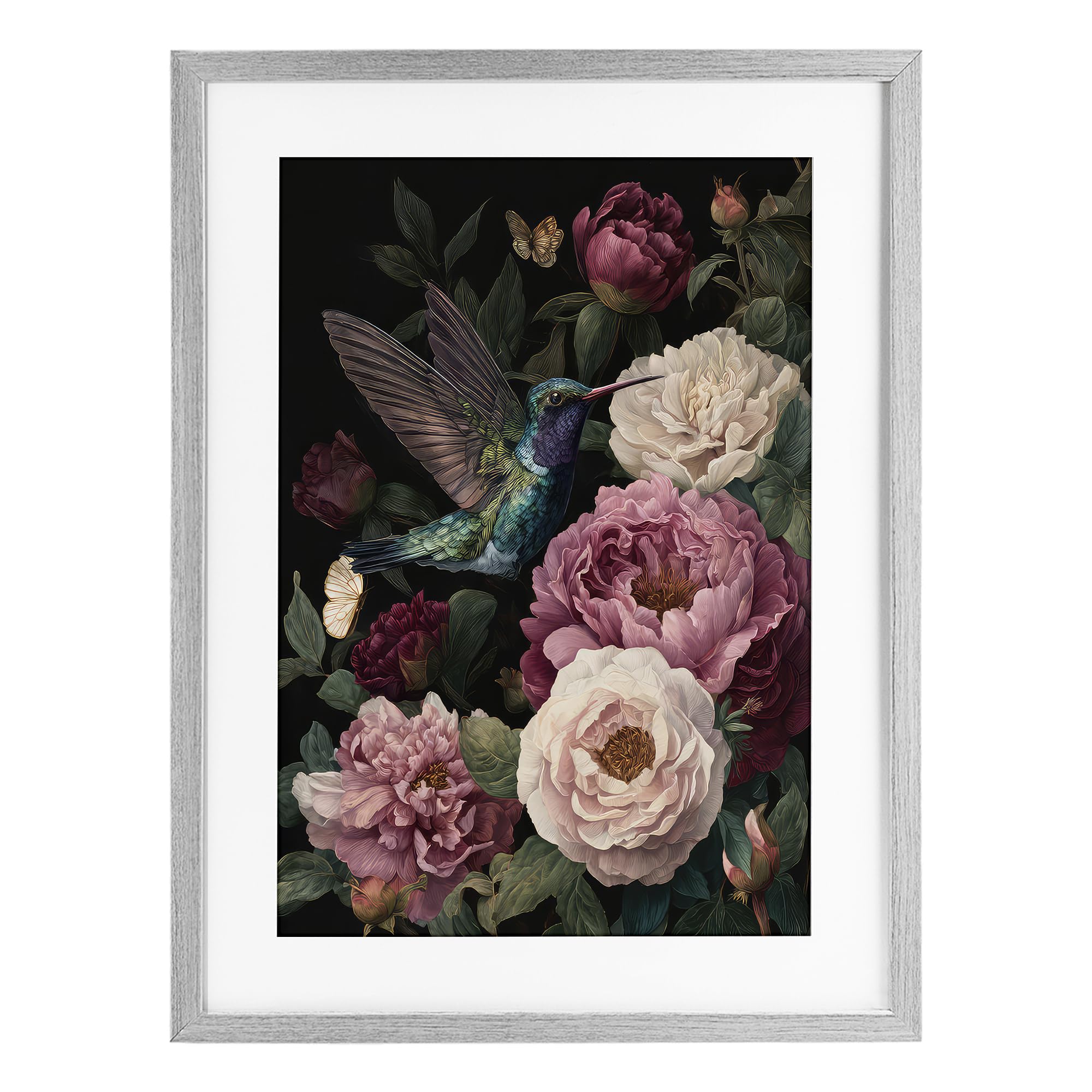 Stupell Industries Farmhouse Gray (Textured) 'Hummingbird & Lush Peonies'| Framed Print Under Glass