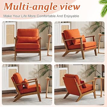 VINGLI Solid Wood Wide Armrests Accent Chair,Upholstered Mid Century Modern Chair with Pillow,Comfy Reading Chair Farmhouse Arm Chair,Chairs Living Room,Bedroom,Guest Room,Linen Fabric,Burnt Orange