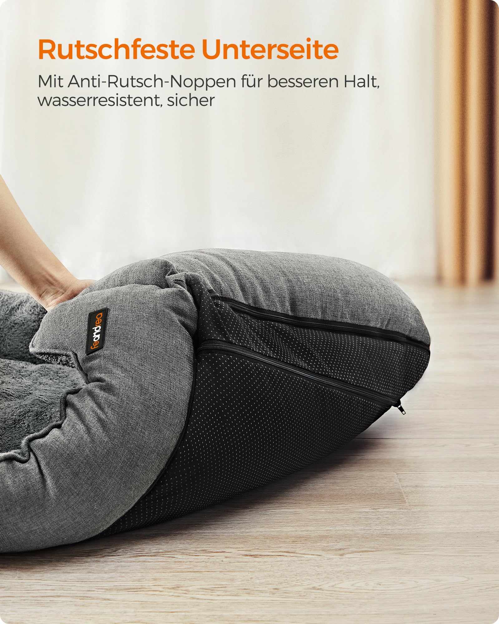 Feandrea Hundebett, Hundekissen in Leinenoptik, Hundekorb, erhöhte Ränder, rutschfeste Unterseite, Bezug abnehmbar waschbar, M, für kleine Hunde, 70 x 55 x 21 cm, hellgrau PGW10GG