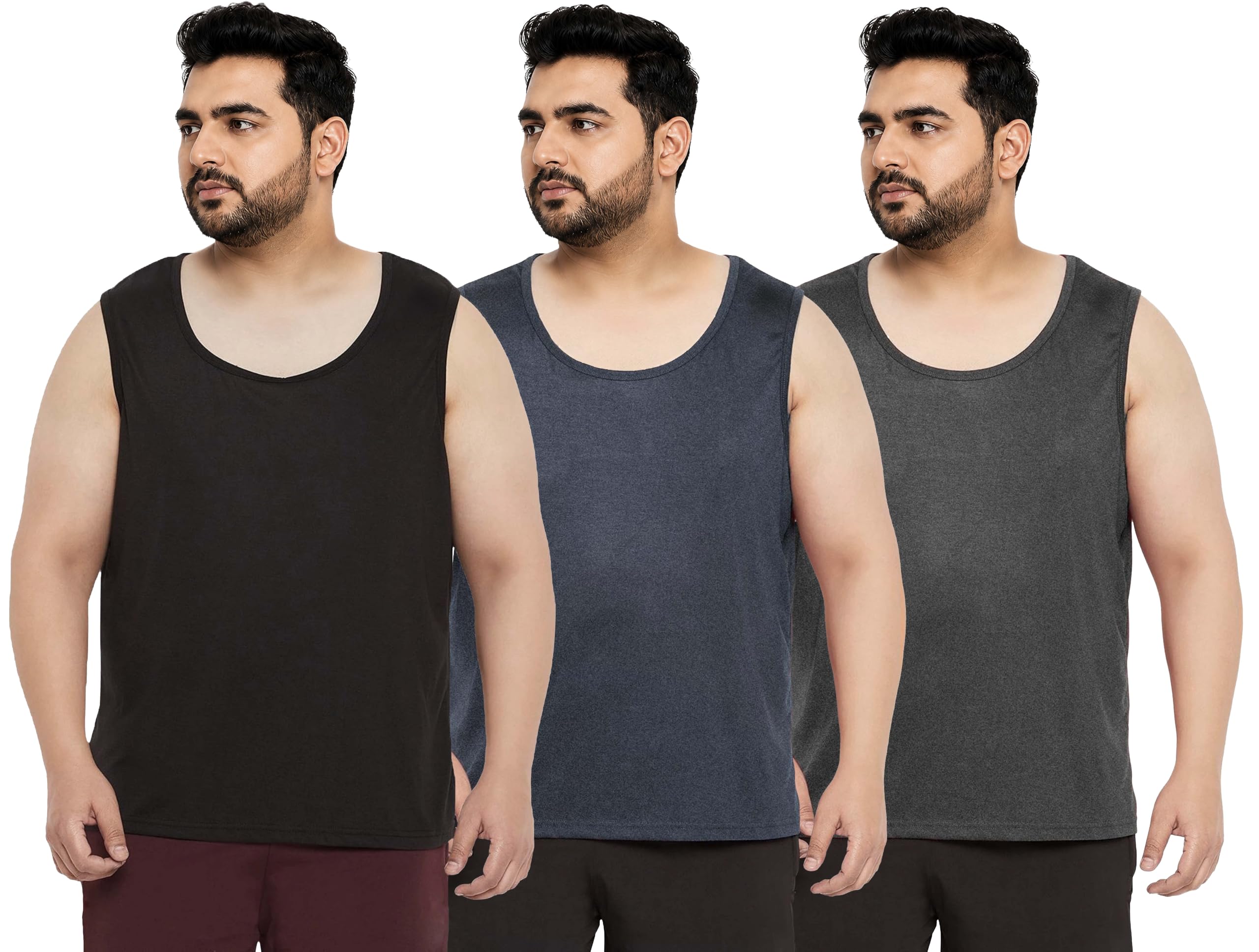 Cotton Solid Plus Size Vest for Men | Round Neck, Regular Fit, Sleeveless Plus Size | Men's Tank Top | 3XL, 4XL, 5XL | Perfect for Workouts Gym | Plain | Combo Pack of 3-image-37