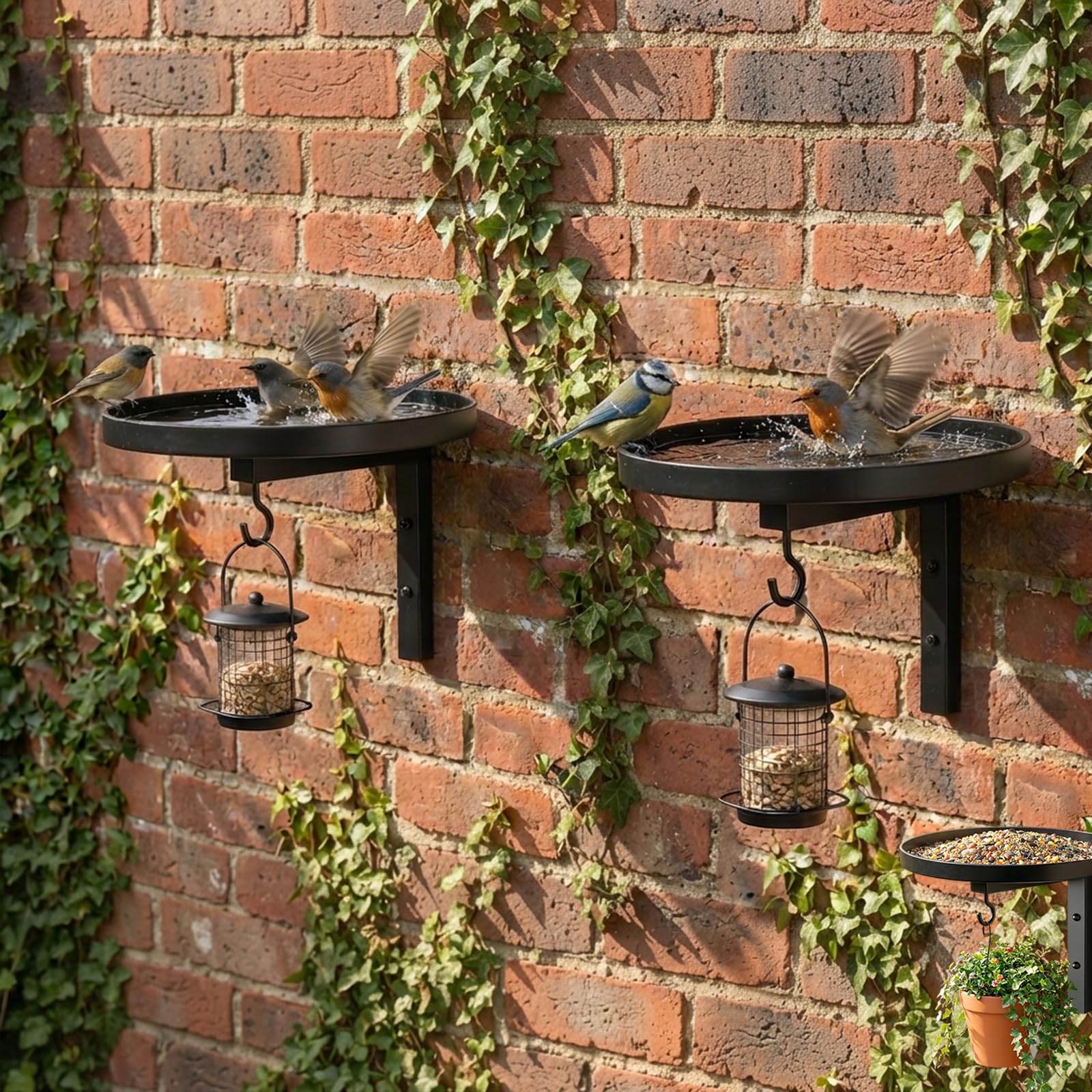 Wall-Mounted Metal Bird Bath for Outdoors - 2-in-1 Rustic Bird Feeder & Waterer Bowl with Hook, Heavy Duty Rust-Resistant Iron Tray for Garden, Patio, Yard, Balcony Decor, Easy to Install (2 pcs)