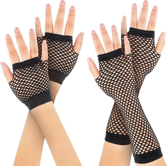 2 Pairs Long and Short Fishnet Gloves Fingerless Fishnet Gloves Net Mesh Gloves 80s Fishnet Gloves Hand Gloves for 80s Fancy Dress Costume Accessory Party Supplies