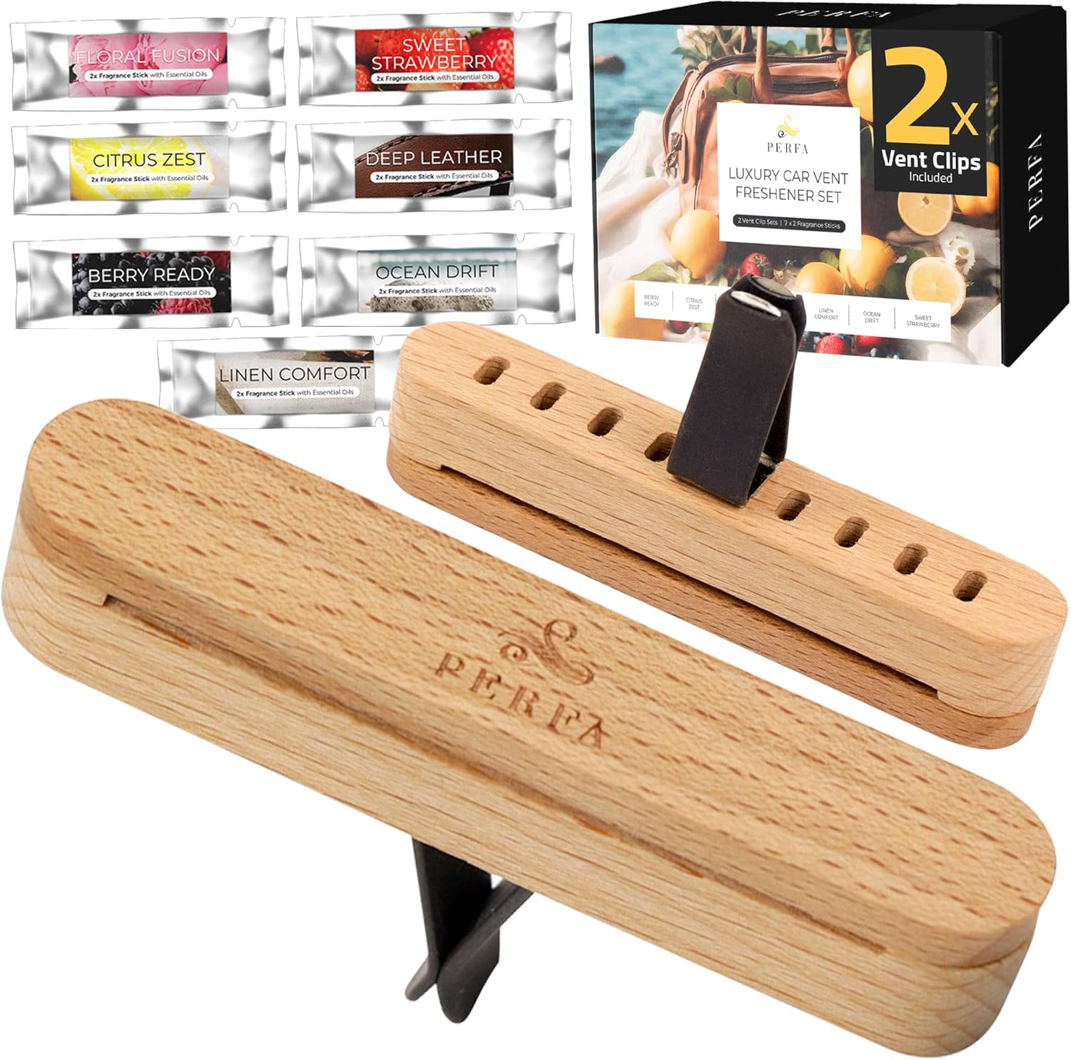 Premium Wooden Car Air Freshener Vent Clip Box of 7 Scents Car