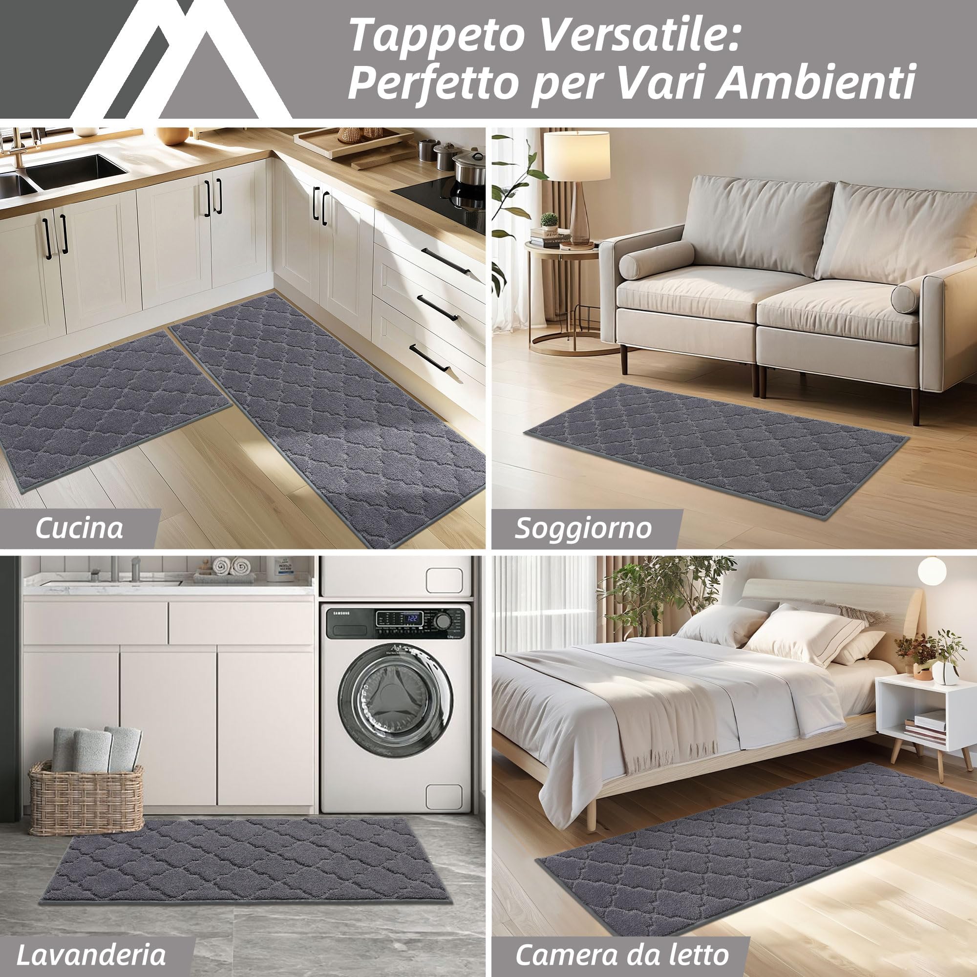 COSY HOMEER tappeto cucina antiscivolo lavabile 2 pezzi, tappeti cucina di facile manutenzione, passatoia cucina tappeti runner per cucina, 51 x 76 cm + 51 x 122cm, grigio scuro