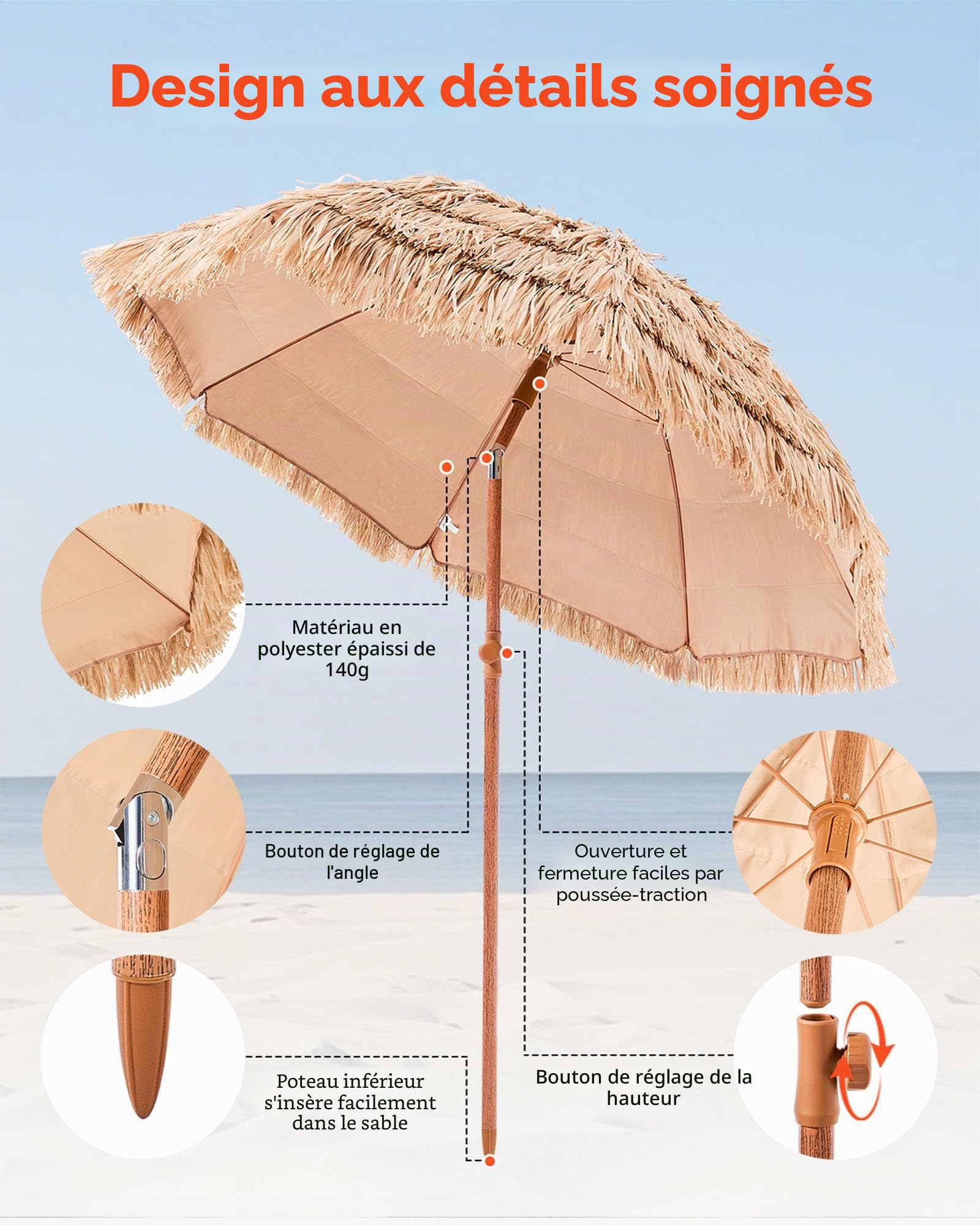 VEVOR Parasol Hawaïen, 2 m Parasol Exotique Inclinable avec Toit Chaume PP, 8 Baleines Métalliques, Protection Solaire Extérieure Flexible pour Plage, Terrasse, Bord de Piscine, Jardin, Arrière-cour
