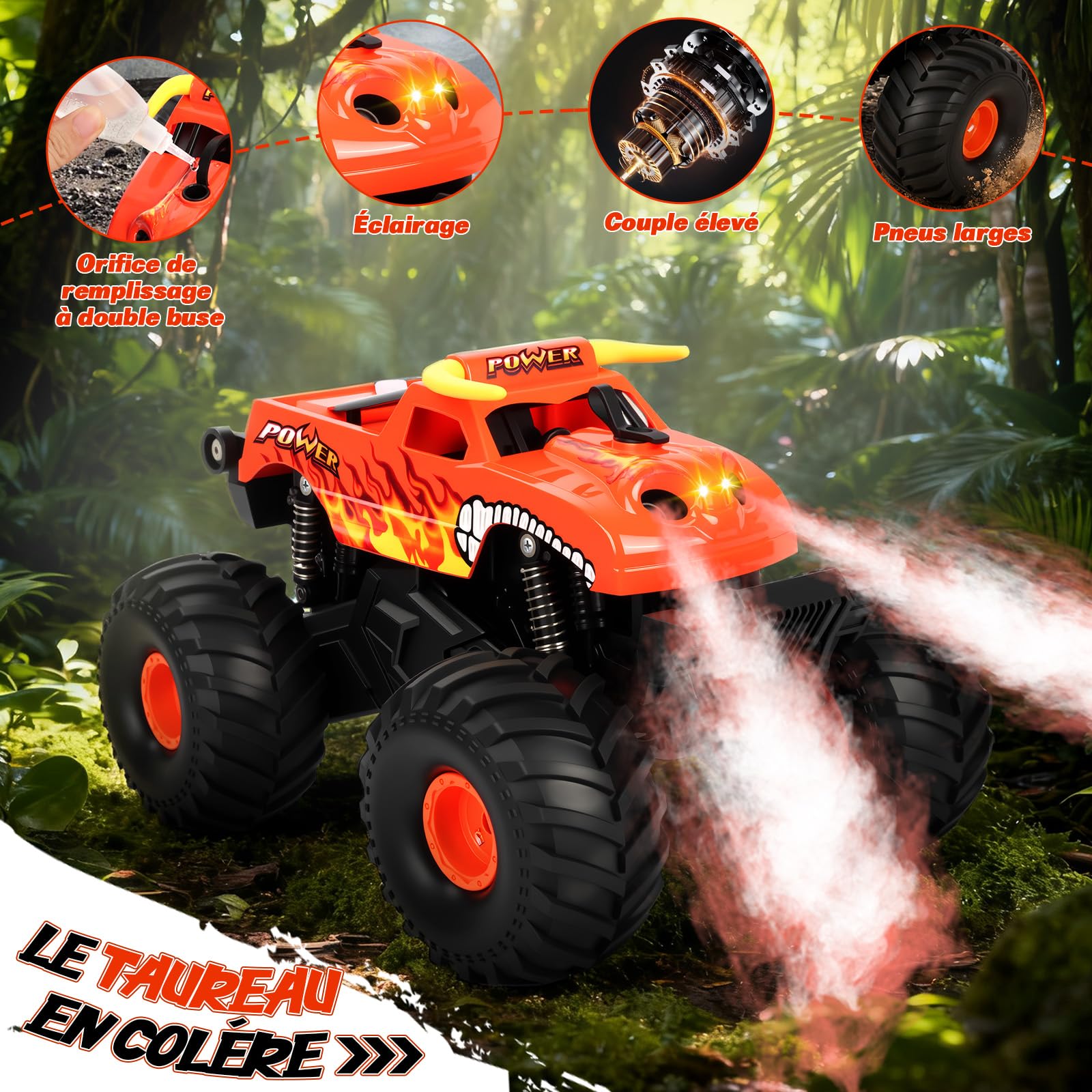 Charmofun Voiture Télécommandée Tout Terrain Amphibie, 4WD Monster Truck Télécommandé Rechargeable avec Effet de fumée, 2.4GHz Voiture RC, Monster Truck RC Offroad pour Enfants (Rouge)