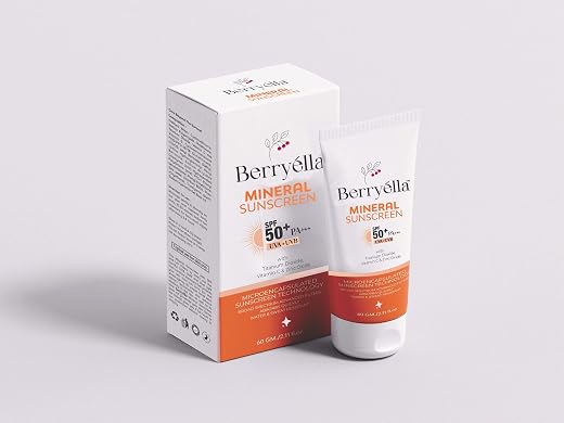 Berryella Mineral Sunscreen, SPF 50+ PA+++, UVA+UVB Protection, with Titanium Dioxide Vitamin C and Zinc Oxide, 60 gm