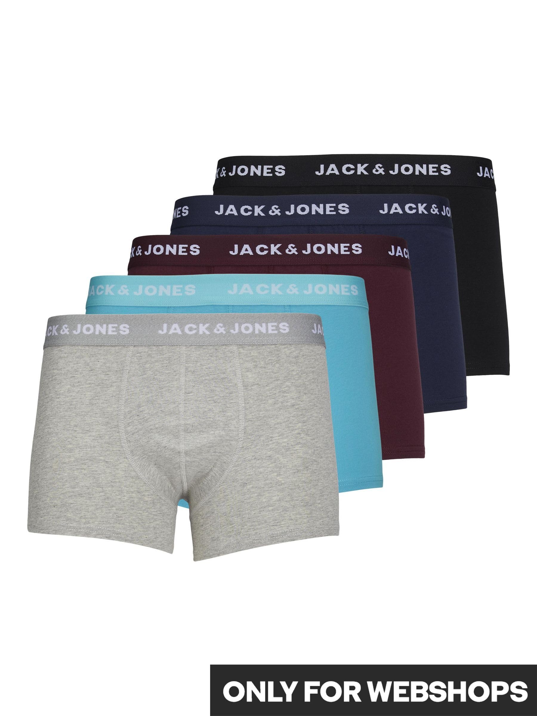 Jack&Jones męskie bokserki JACBASIC Plain Trunks, 5 sztuk, czarne/szczegóły: Black-Navy Blazer-Surf The Web-LGM, M (5 sztuk), czarny, m