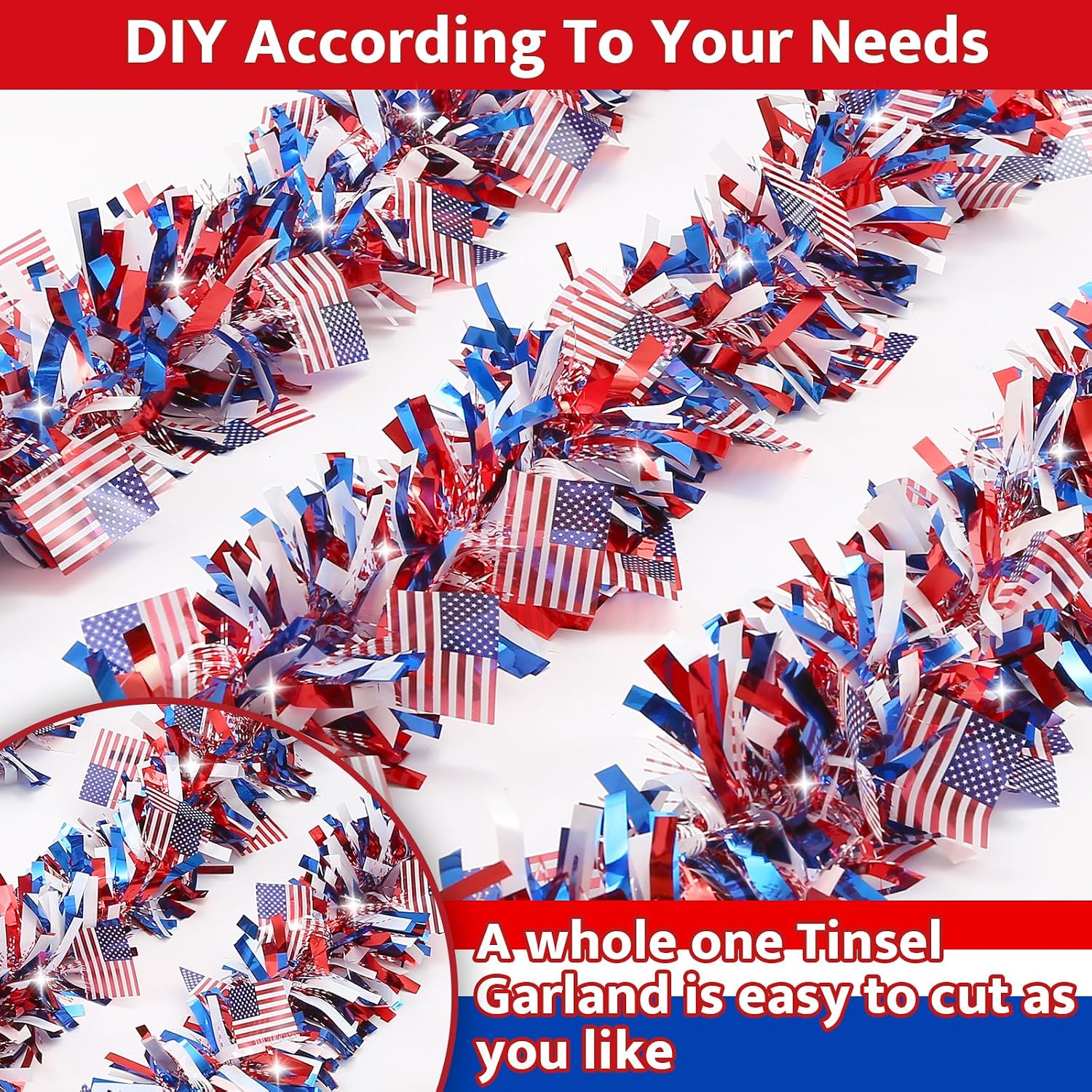 50FT 4th of July Garland Red White and Blue Tinsel Garland Patriotic Flags Garland for Red White and Blue Memorial Day Decor Independence Day 4th of July Decorations