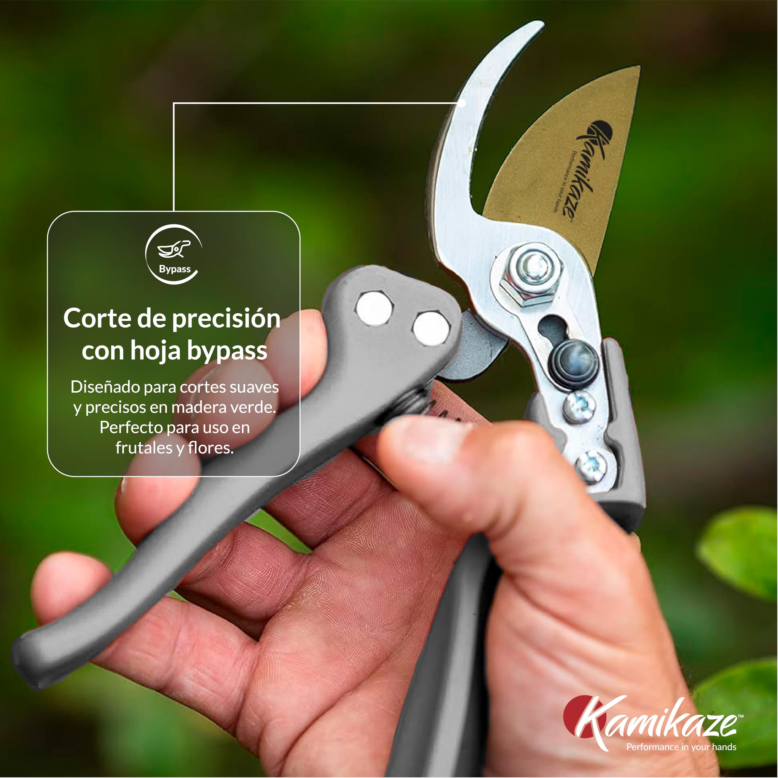 Kamikaze Tijeras Podar Profesional KM1-M Force.20mm Ø. Hoja Teflonada y Acero Templado SK-5.Tijeras Jardinería. Mango ergonómico efecto palanca.Sistema Bypass.Corte Preciso para Jardinería