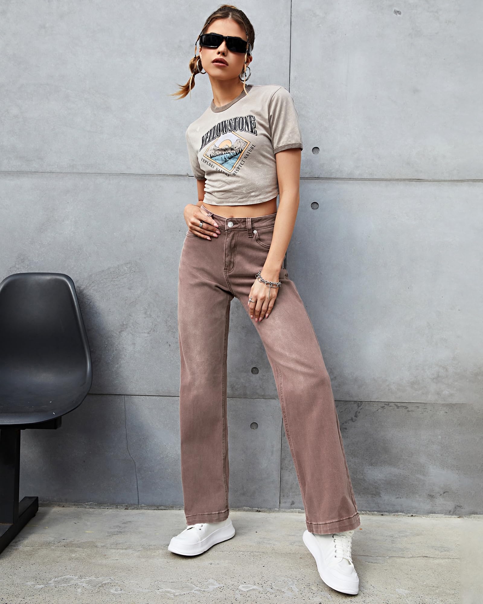 Roskiky Jean évasé pour femme, taille haute, jambes larges, stretch