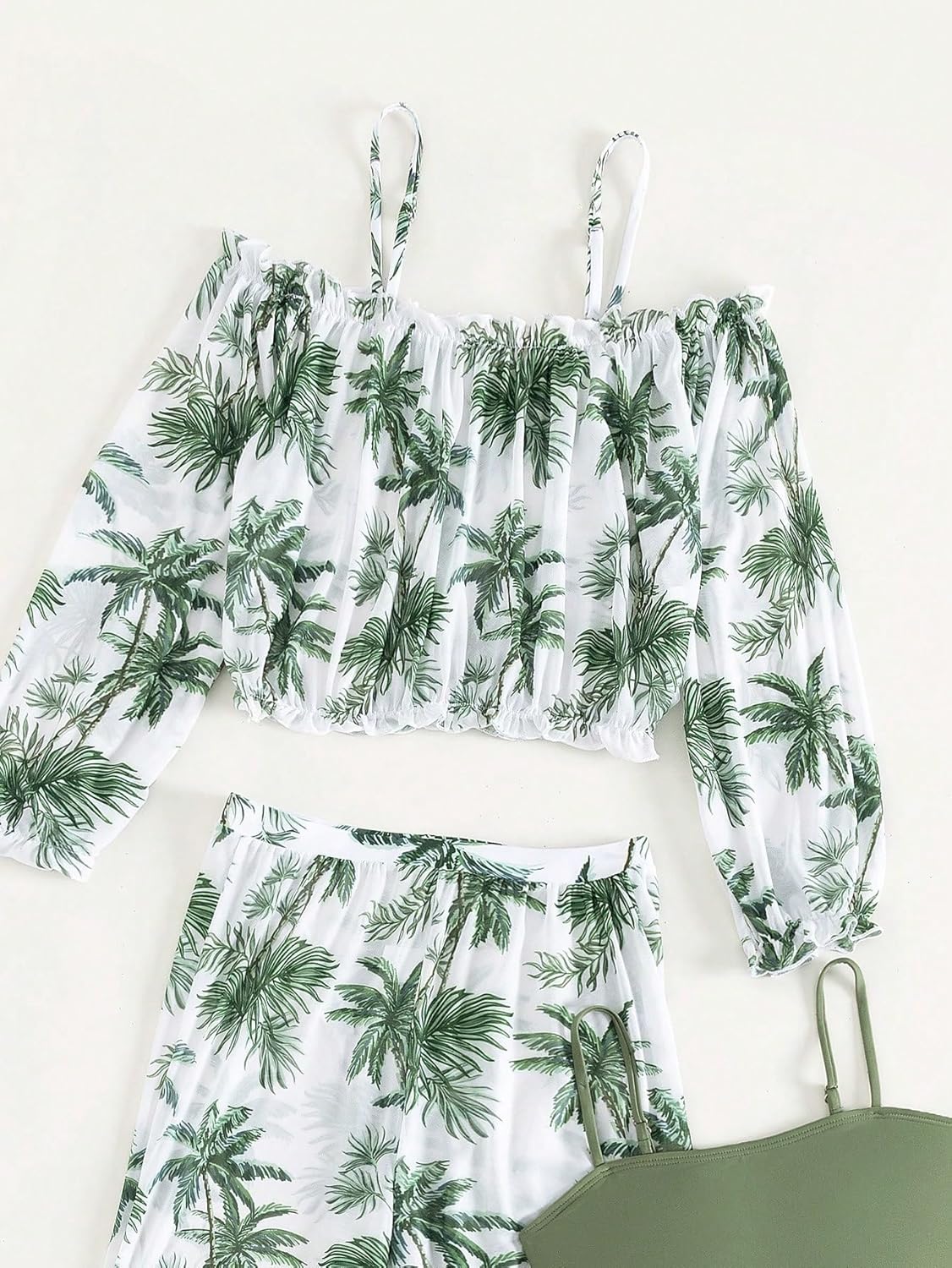 WDIRARA Girl's 4 Piece Swimsuit Tropical Print Bikini Swimsuit with Cold Shoulder Cover Up Set