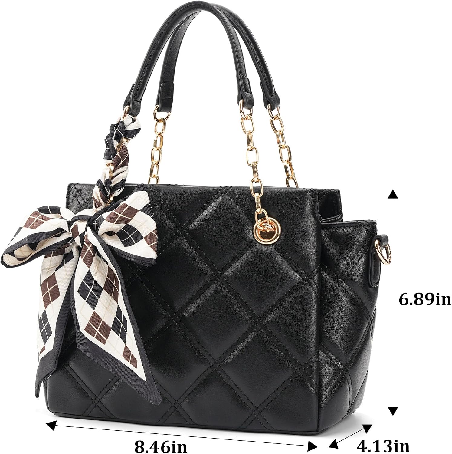 Quilted Satchel Bag for Women, Vegan Leather Top Handle Handbag with Adjustable Strap