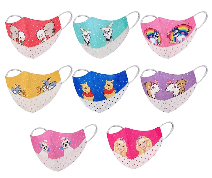 Pamirate Kids Cotton Digital Cartoon 3D Printed Reusable Cloth Face Mask without Valve For Small Children Girl And Boys Reusable & Washable Cotton Fabrics Face Mask (Pack of 8)