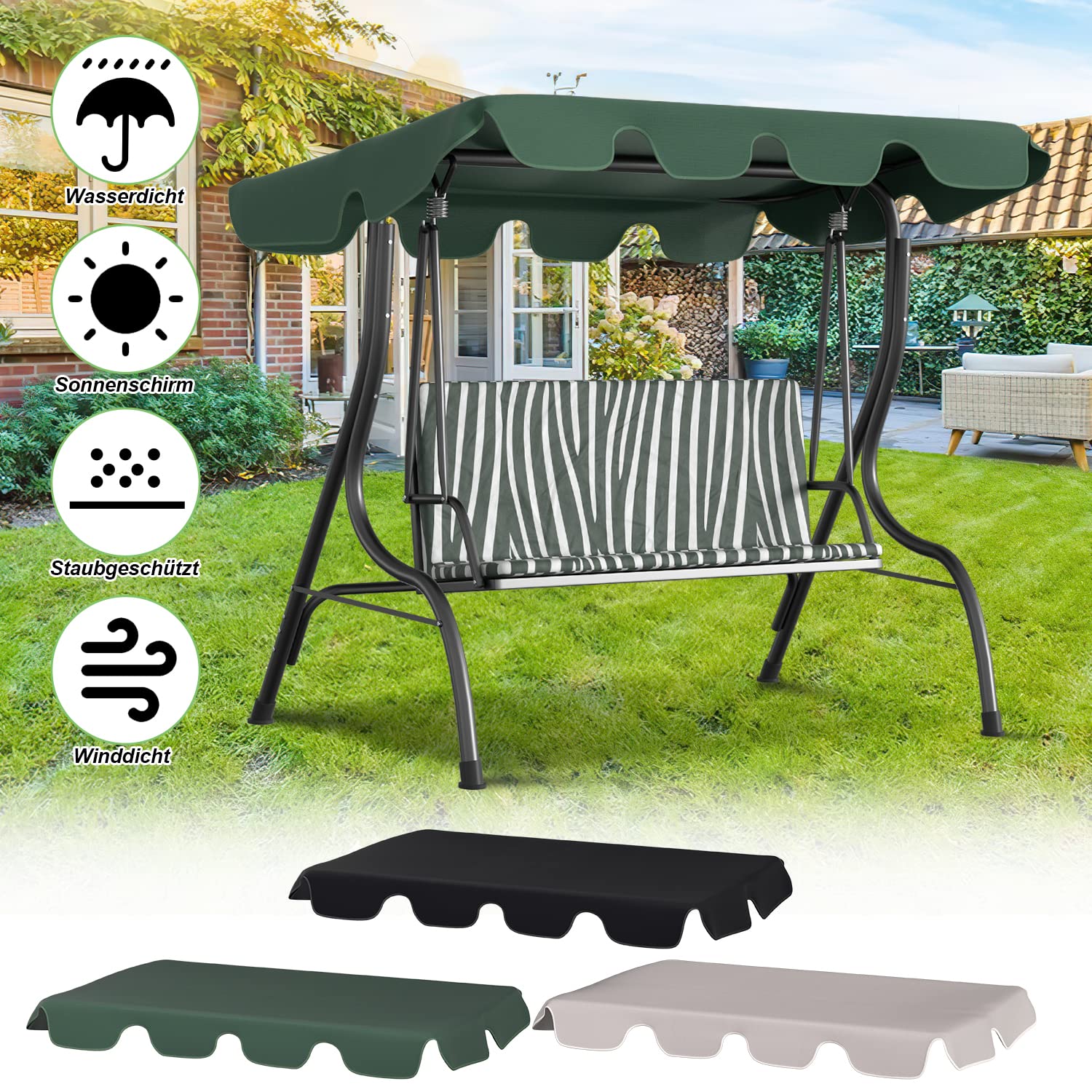 Gimisgu Techo de repuesto para columpios de Hollywood, techo de repuesto universal, 210 x 145 cm, toldo para 3 plazas, resistente al agua y protección UV para columpio de jardín, color verde