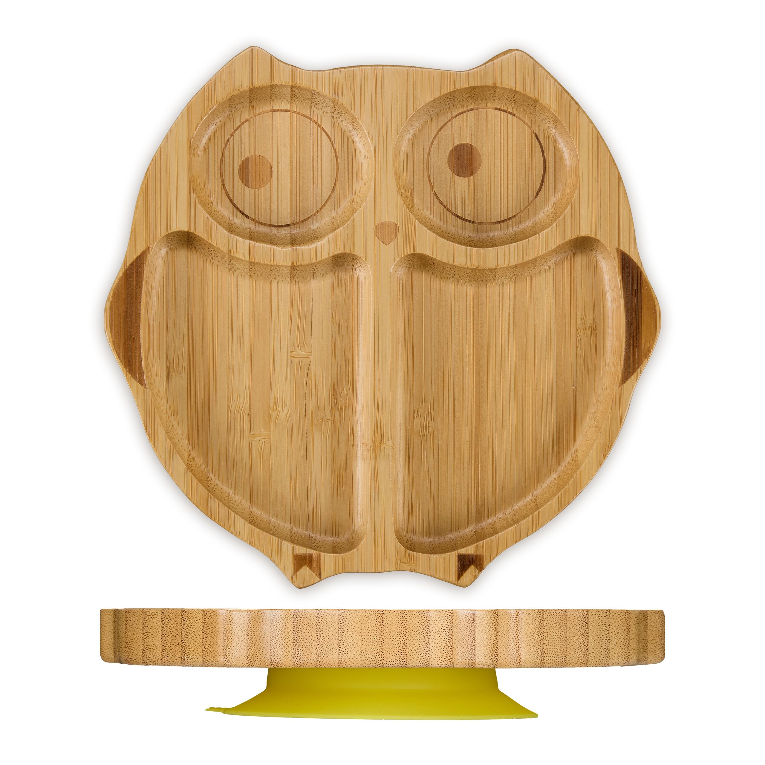 Relaxdays Baby Plate, with Suction Cup, Bamboo, Owl Motif, Non-Slip, BPA-Free, Complementary Food Dish, Divided Sections