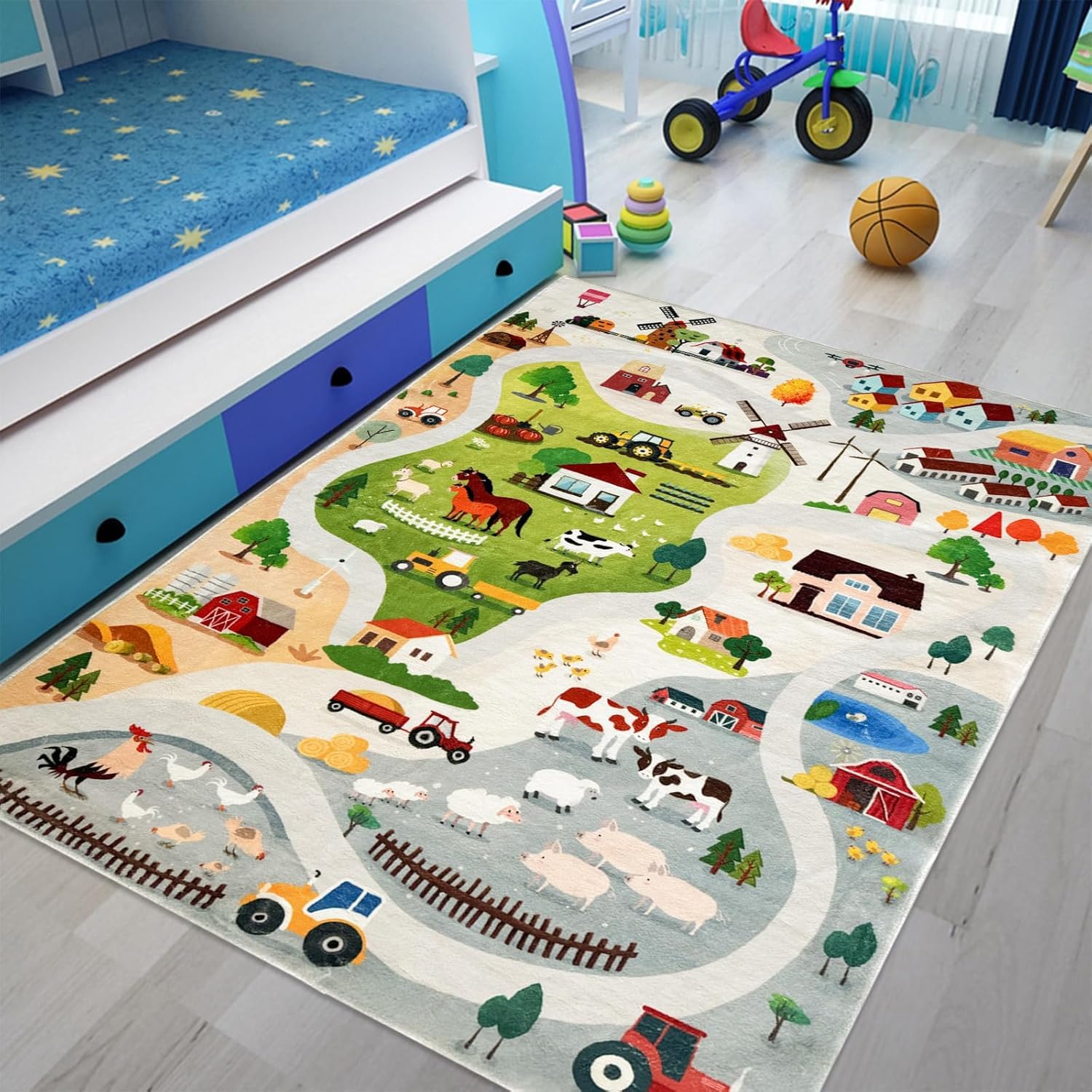 Spielmatte Bauernhoftiere Teppich Für Jungen Straßen Autoteppich Fahrzeugspur Teppich Für Schlafzimmer Spielzimmer Heimdekoration (1,180 x 240 cm)