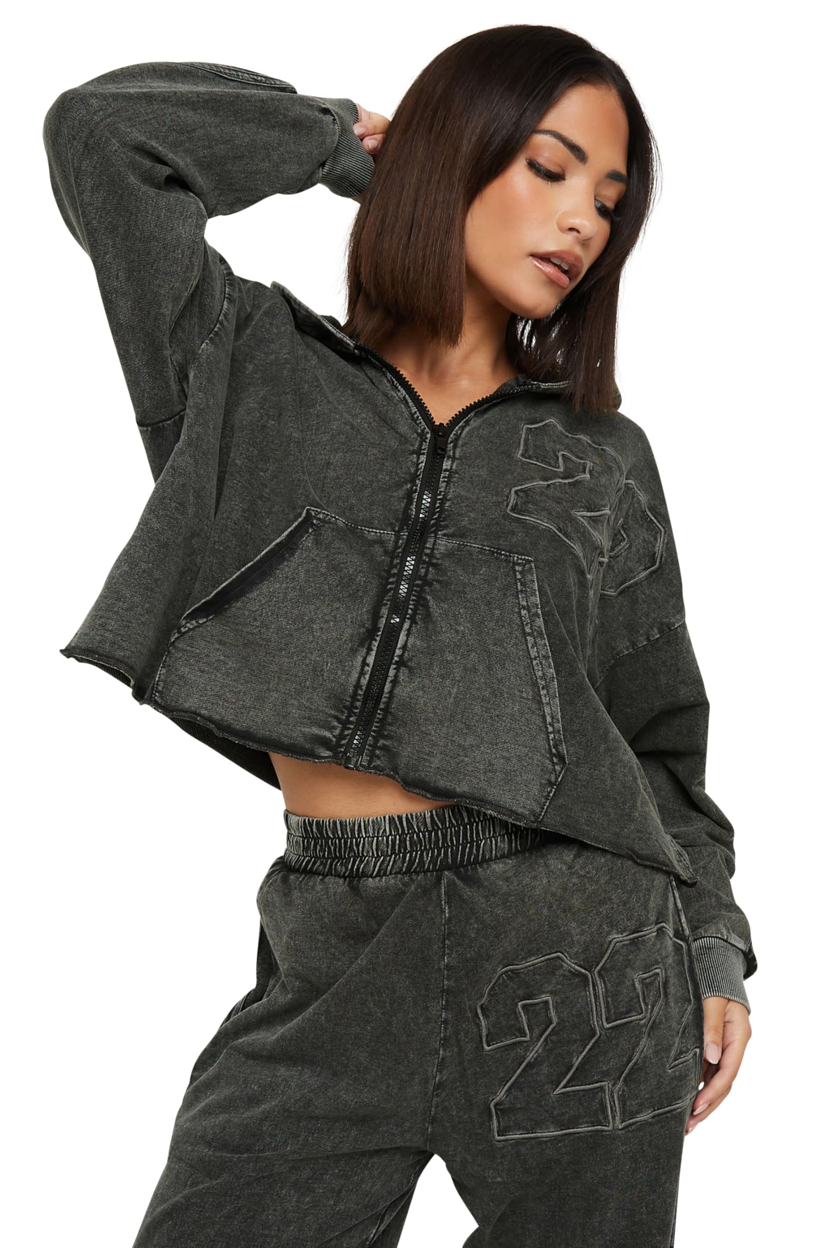 Pixiegirl Women's Grey Petite Acid Wash Cotton Cropped Hoodie Petite