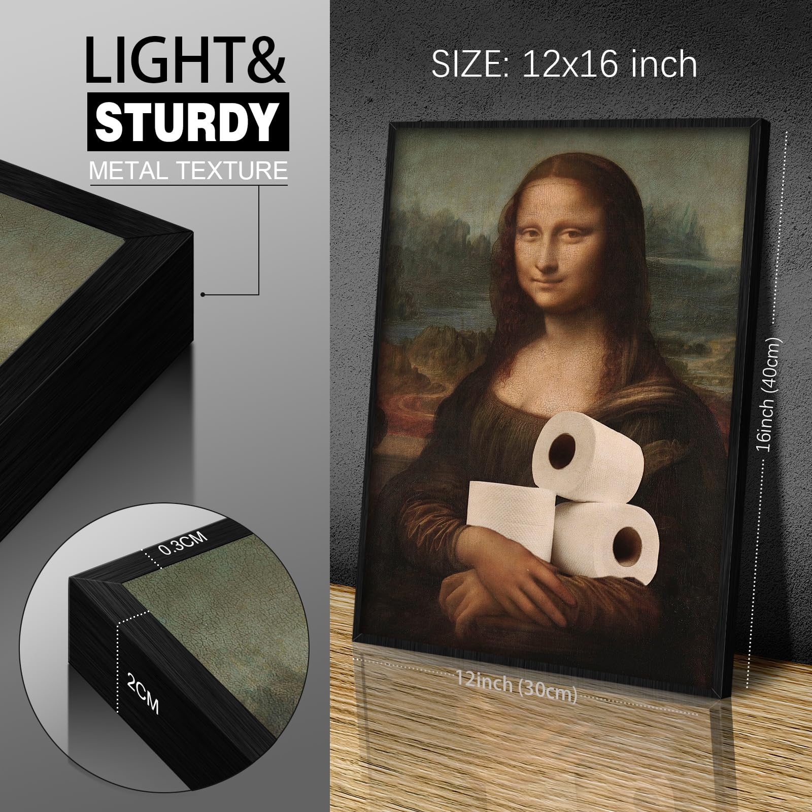 Anslipswar Funnyl Dipinto della Mona Lisa Arte da Parete su Tela per Bagno, Stampe Artistiche Umoristiche e Divertenti per WC, 30,5x40,6cm Incorniciato