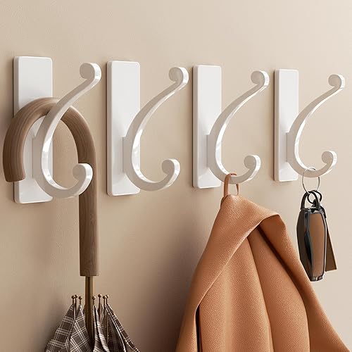 Gancho adhesivo de pared para toalla/abrigo, extra adhesivo de 10 libras, acero inoxidable, para baño o ducha, color blanco mate, paquete de 4
