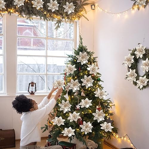 Miniatura 4 de Serwalin 20 flores de árbol de Navidad, flor de pascua champán de 5.56.3 pulgadas, flores artificiales para árbol de Navidad, decoración de